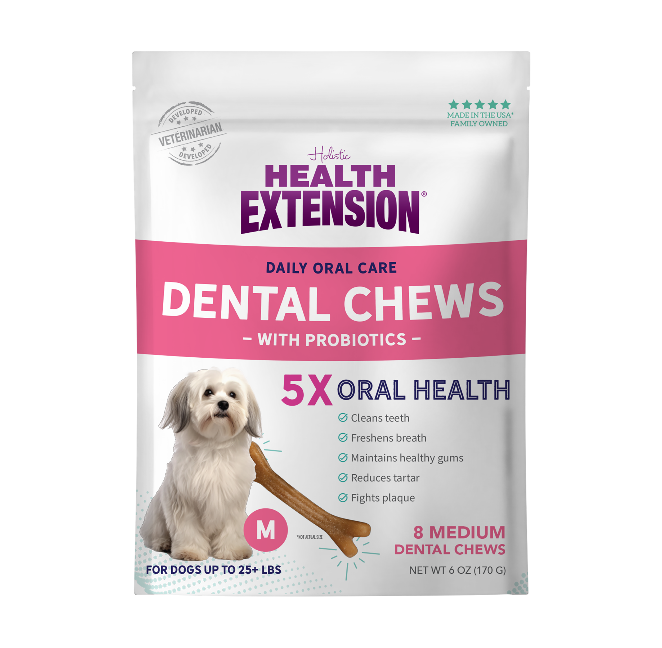 Health Extension Probiotic Dental Bones for dogs are shown in white and pink packaging featuring a small white dog, a chew, and text highlighting 5X oral health and probiotics. Each pack contains 14 chews that support digestive health.