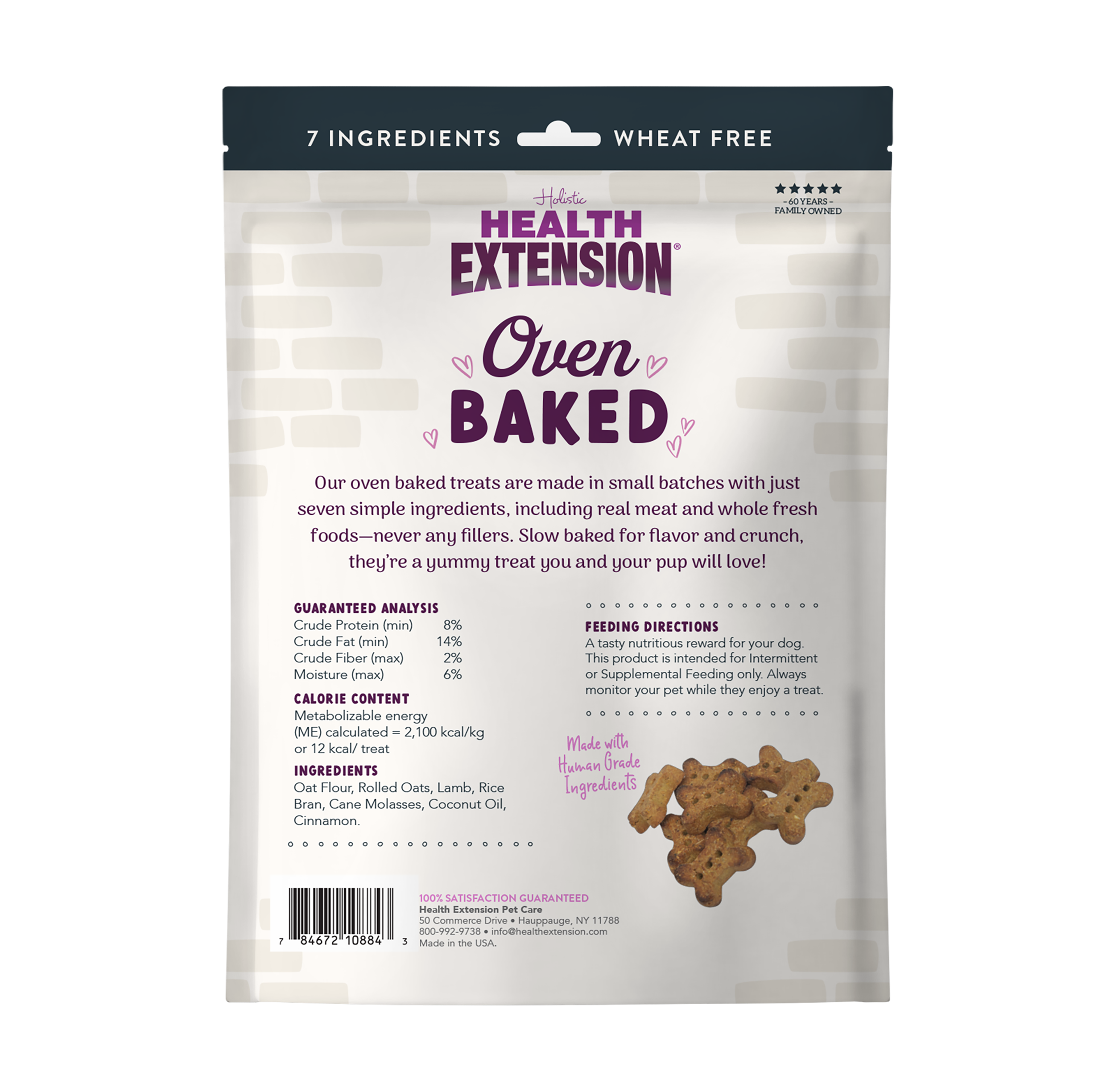 Health Extension Oven Baked Lamb Treats are wholesome, wheat-free dog snacks with only 7 ingredients. The bag features a puppy, lamb chop, and treats on the front—perfect for dogs who love lamb!.