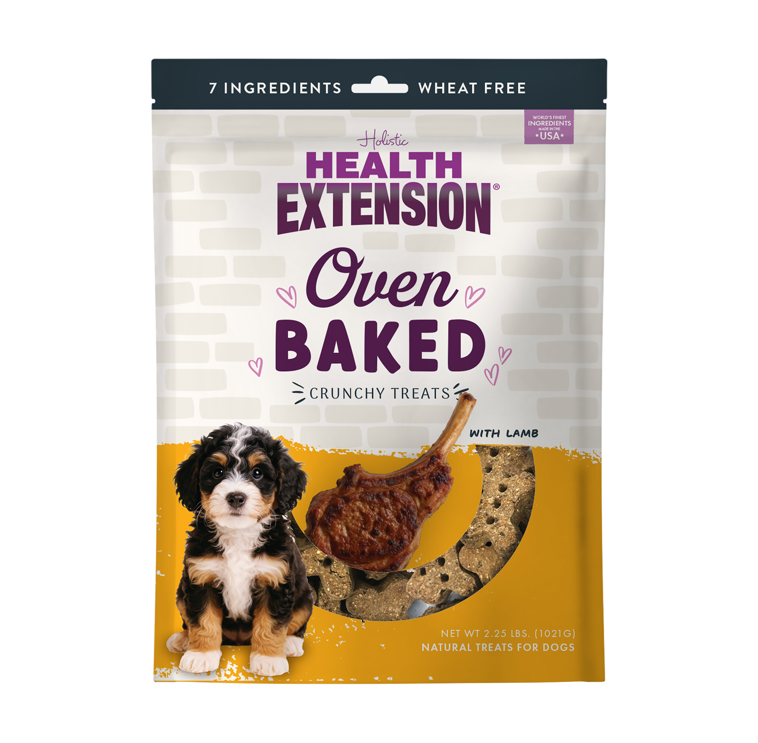 Health Extension Oven Baked Lamb Treats are wholesome, wheat-free dog snacks with only 7 ingredients. The bag features a puppy, lamb chop, and treats on the front—perfect for dogs who love lamb!.