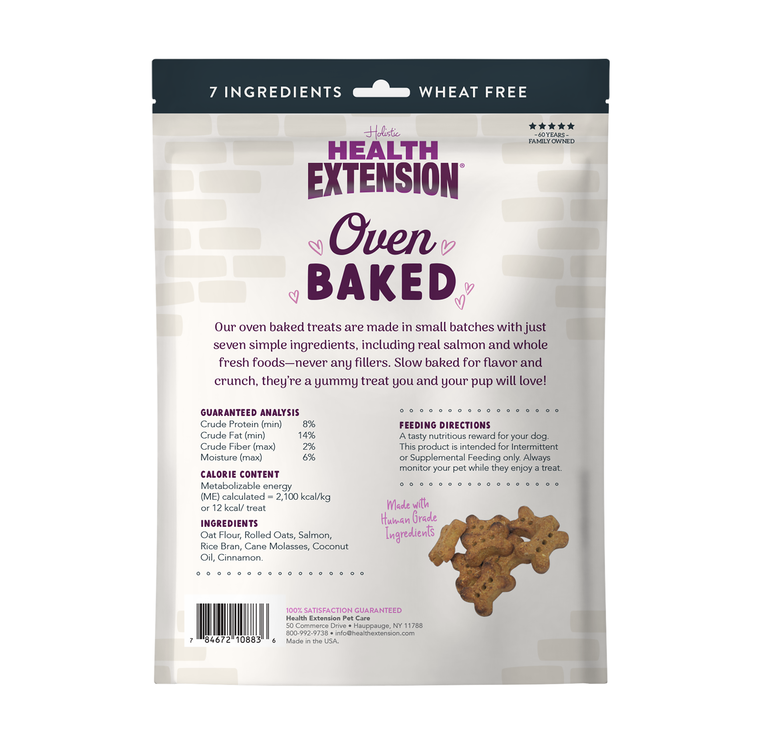 A bag of Health Extension Oven Baked Salmon Treats for dogs, with a puppy photo and salmon pieces on the packaging, highlights these wheat-free, oven baked dog treats made with real salmon.
