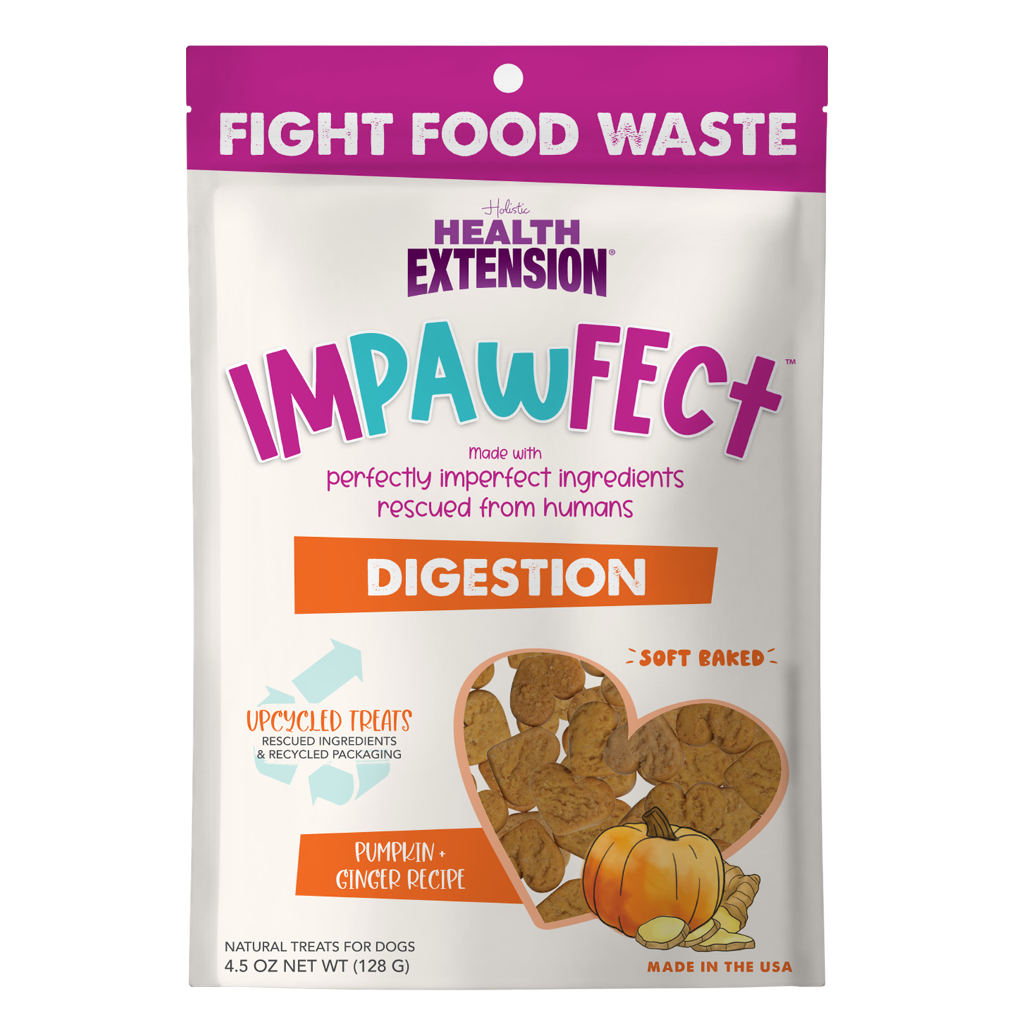 A package of Health Extension Impawfect Digestion soft-baked dog treats, with a pumpkin and ginger recipe. 