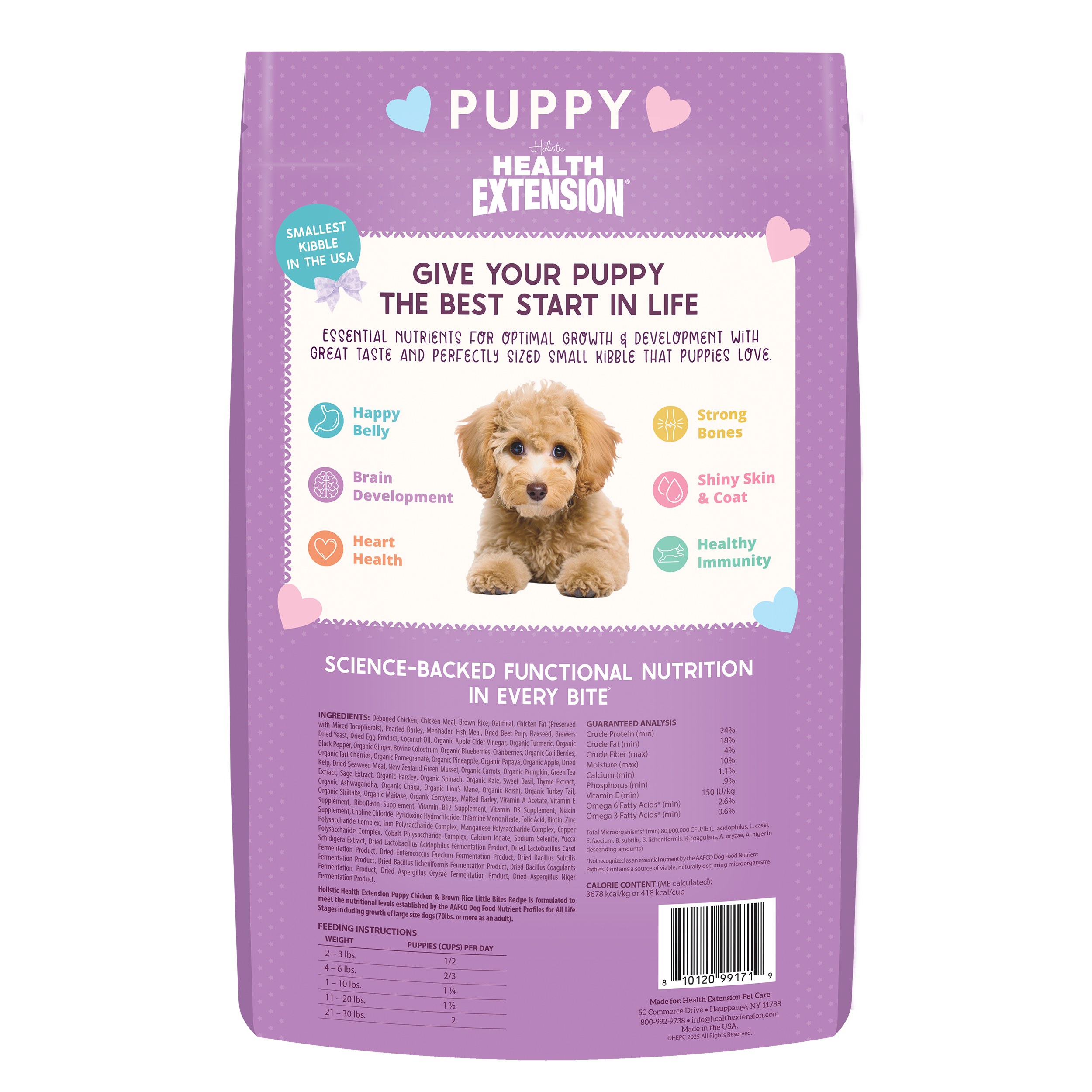 Puppy Kibble back of bag showing ingredients, kcals, guaranteed analysis