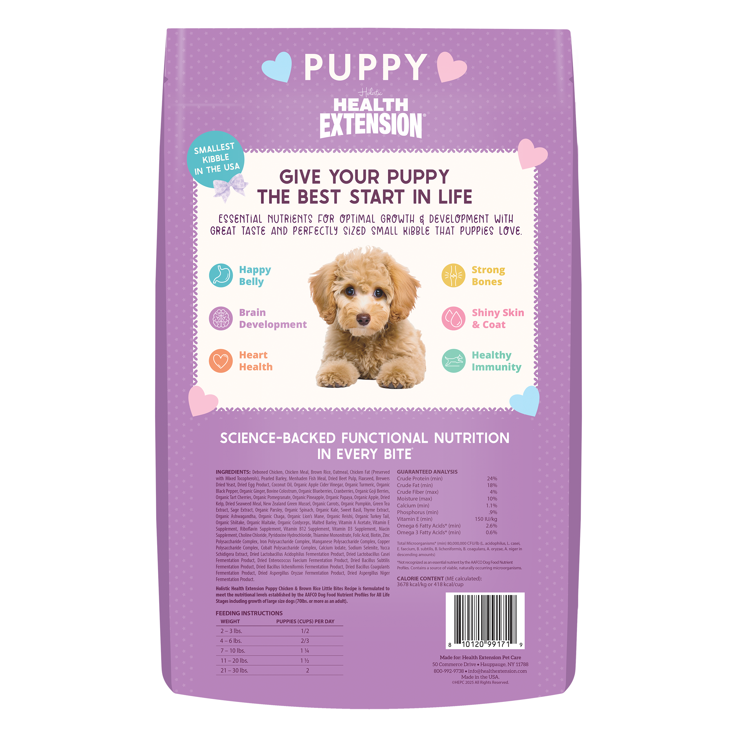 Health Extension Puppy Little Bites features a small brown and white puppy on a purple bag with colorful icons and nutrition info—ideal for small breed puppies, made with natural ingredients.
