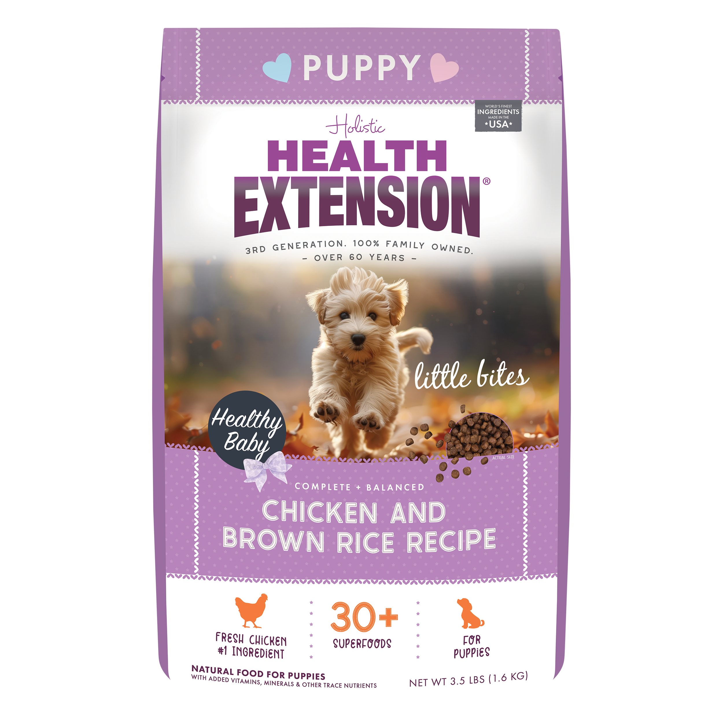 Health Extension Puppy Little Bites features a small brown and white puppy on a purple bag with colorful icons and nutrition info—ideal for small breed puppies, made with natural ingredients.