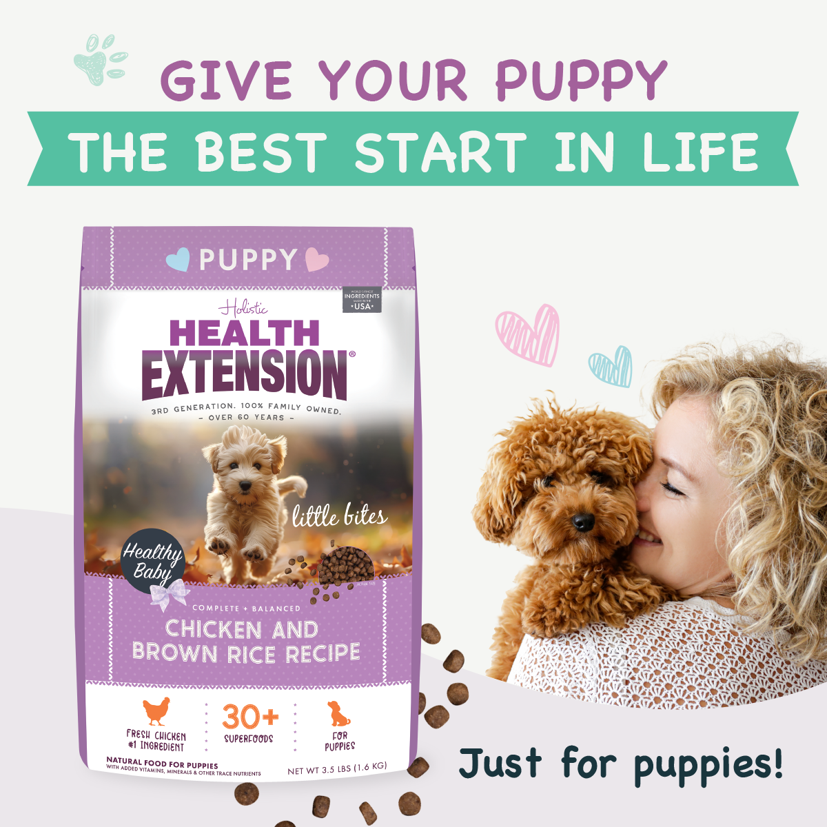Health Extension Puppy Little Bites features a small brown and white puppy on a purple bag with colorful icons and nutrition info—ideal for small breed puppies, made with natural ingredients.