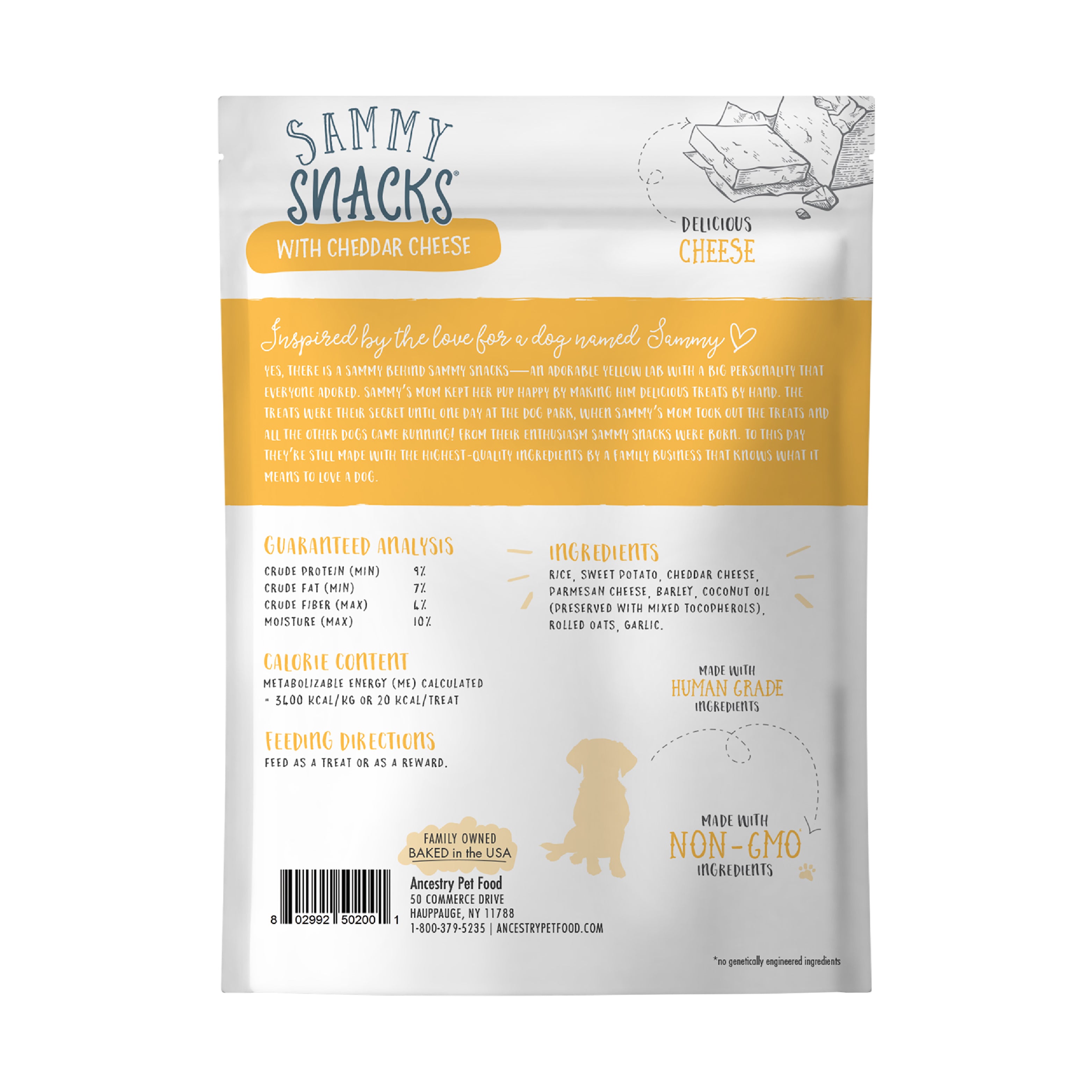 Ancestry Sammy Snacks With Cheddar Cheese are healthy dog treats made with non-GMO ingredients, coconut oil, and Vitamin C. The packaging features a golden retriever puppy and cheddar cheese pieces.