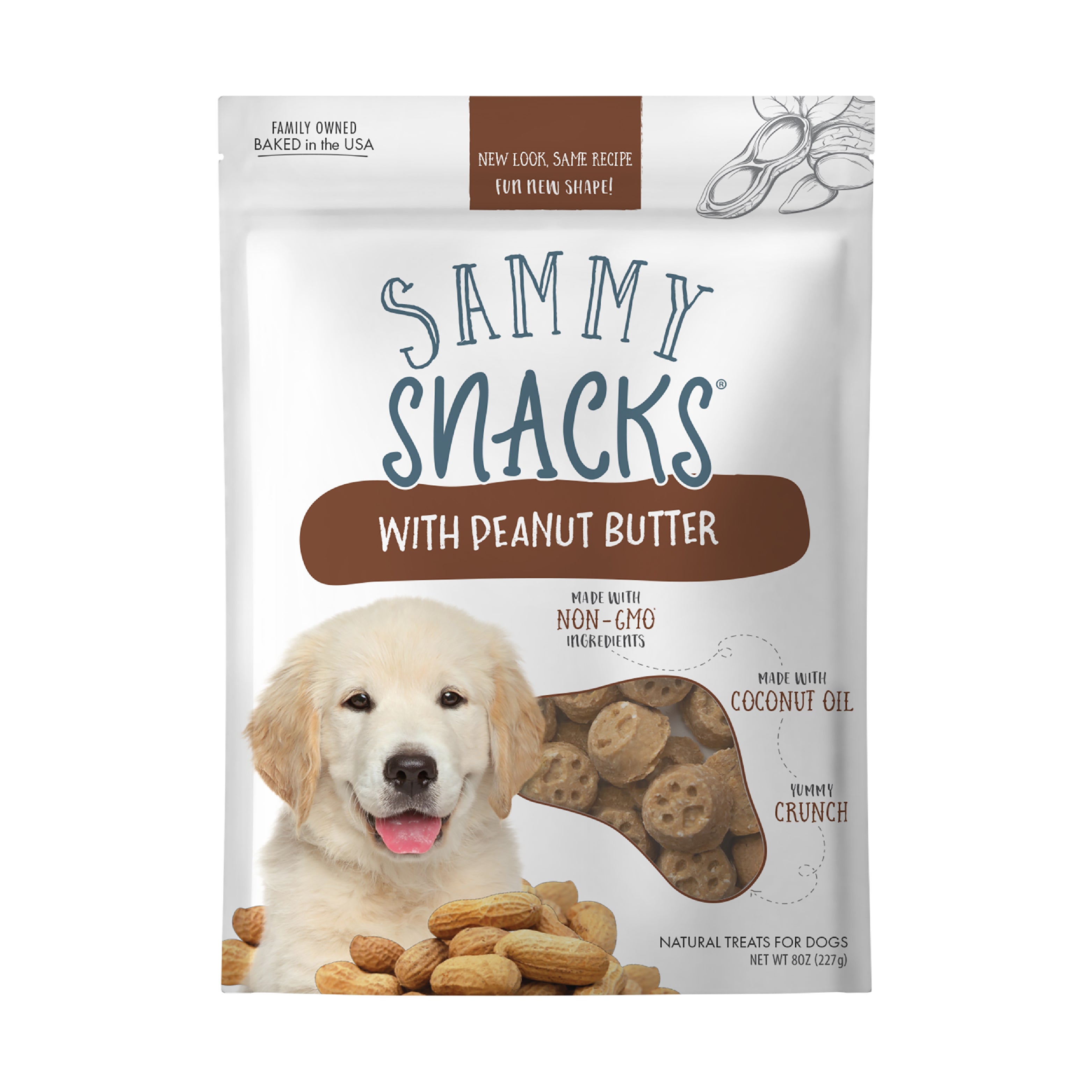 Ancestry’s Sammy Snacks With Peanut Butter feature a golden retriever puppy, peanuts, and promote non-GMO ingredients, vitamin C, and coconut oil. These crunchy dog treats come freshly baked in a white package with brown accents.