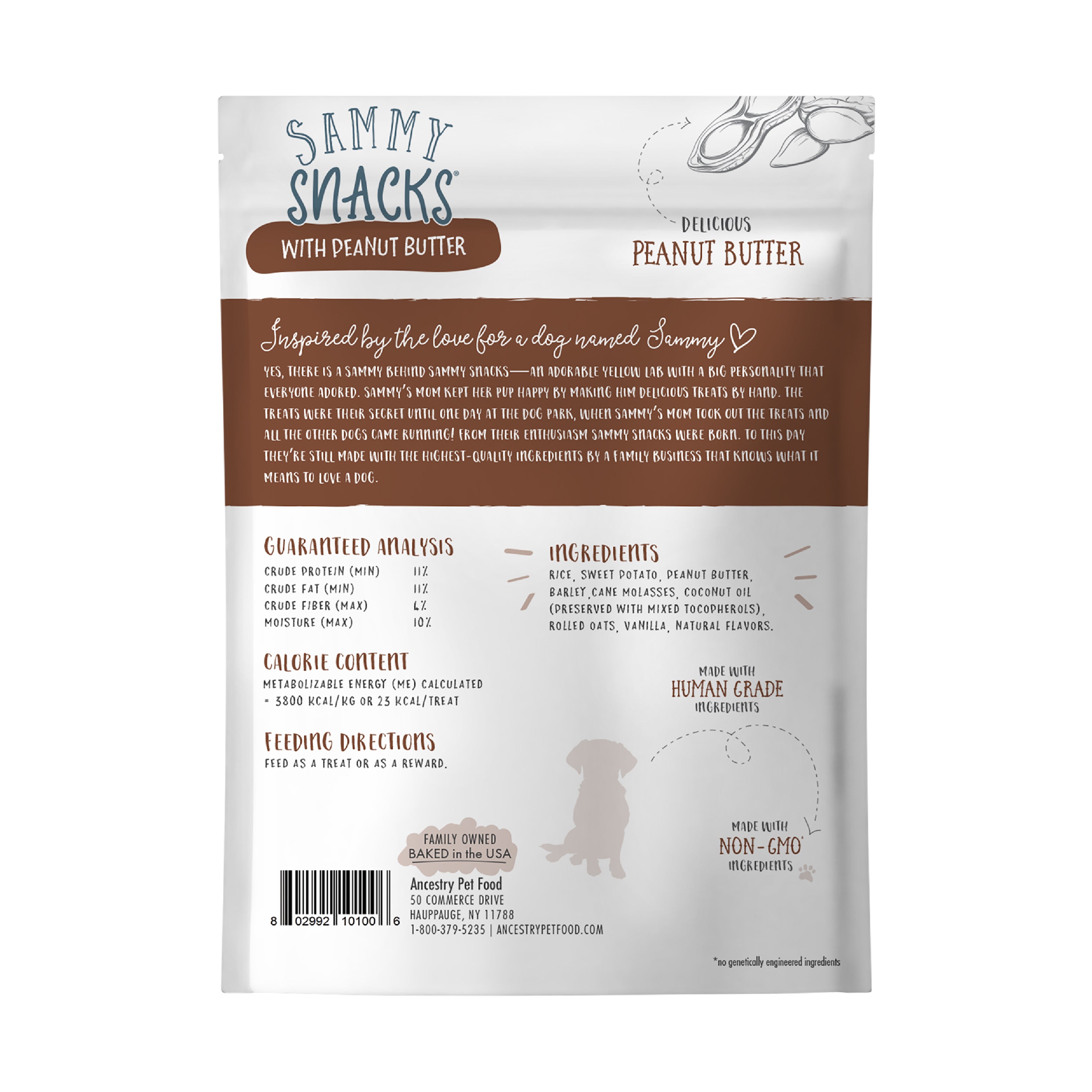 Ancestry’s Sammy Snacks With Peanut Butter feature a golden retriever puppy, peanuts, and promote non-GMO ingredients, vitamin C, and coconut oil. These crunchy dog treats come freshly baked in a white package with brown accents.