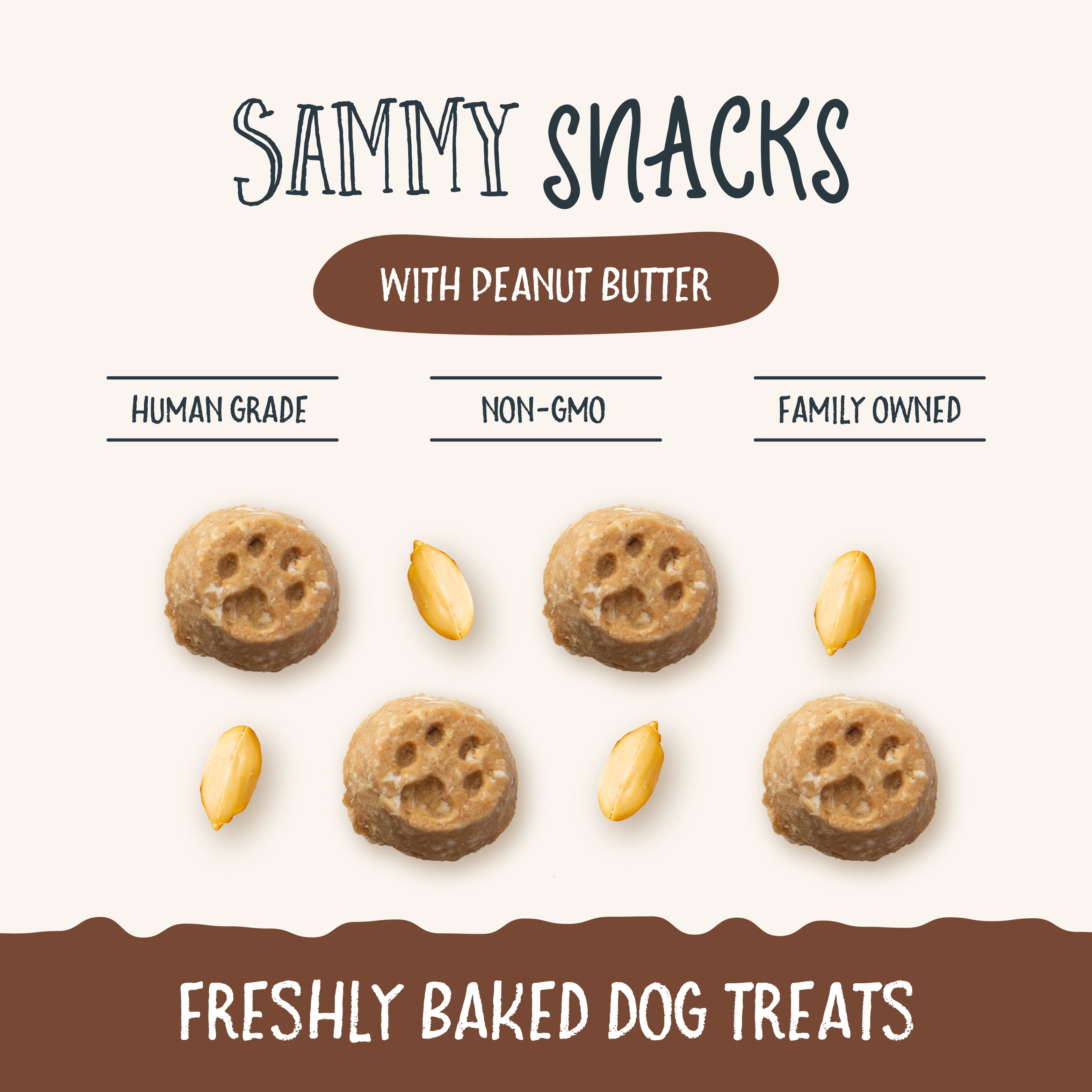 Ancestry’s Sammy Snacks With Peanut Butter feature a golden retriever puppy, peanuts, and promote non-GMO ingredients, vitamin C, and coconut oil. These crunchy dog treats come freshly baked in a white package with brown accents.