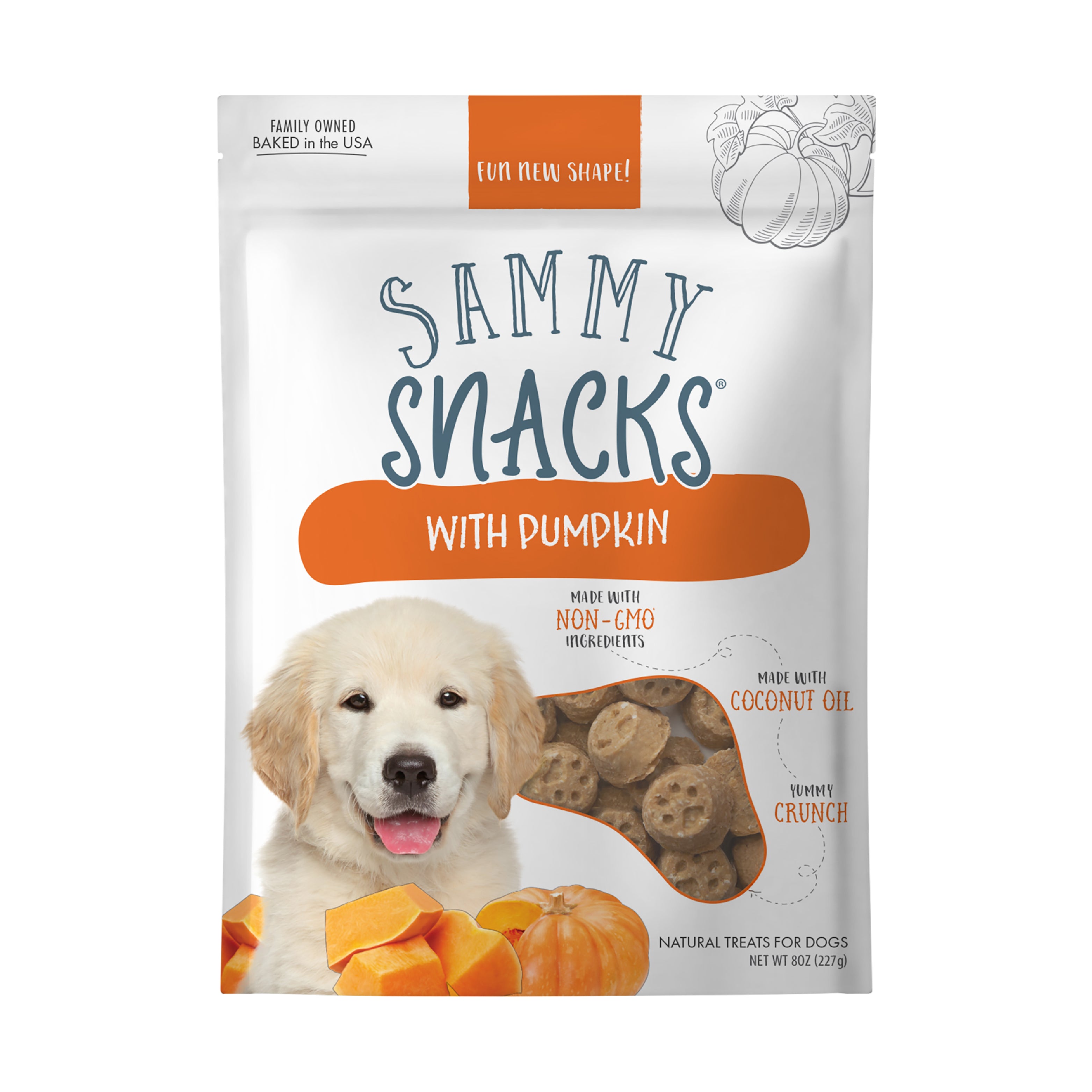 A bag of Ancestry Sammy Snacks With Pumpkin features a golden retriever puppy, pumpkin pieces, and a clear window showing healthy treats inside. The packaging highlights non-GMO ingredients and coconut oil.