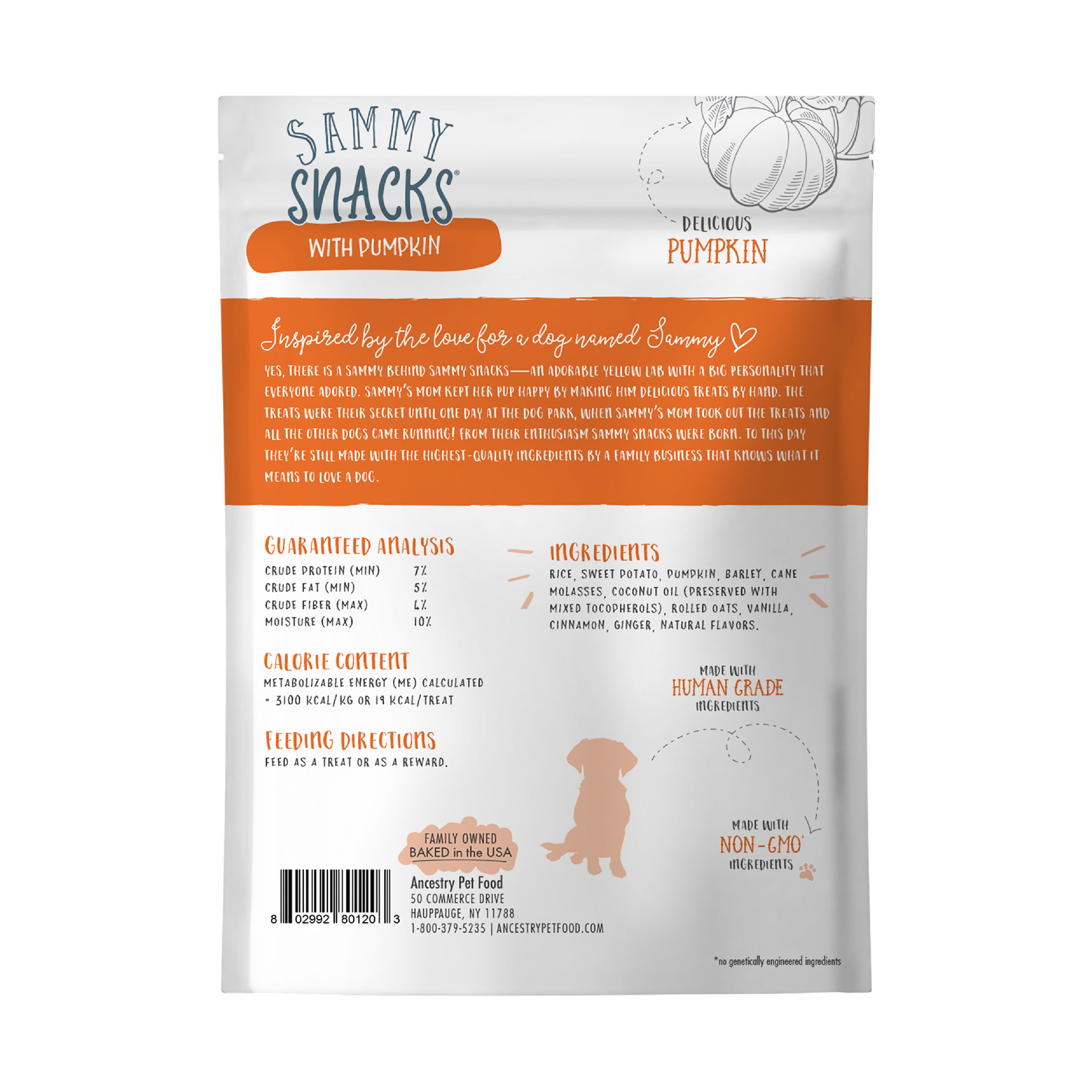 A bag of Ancestry Sammy Snacks With Pumpkin features a golden retriever puppy, pumpkin pieces, and a clear window showing healthy treats inside. The packaging highlights non-GMO ingredients and coconut oil.