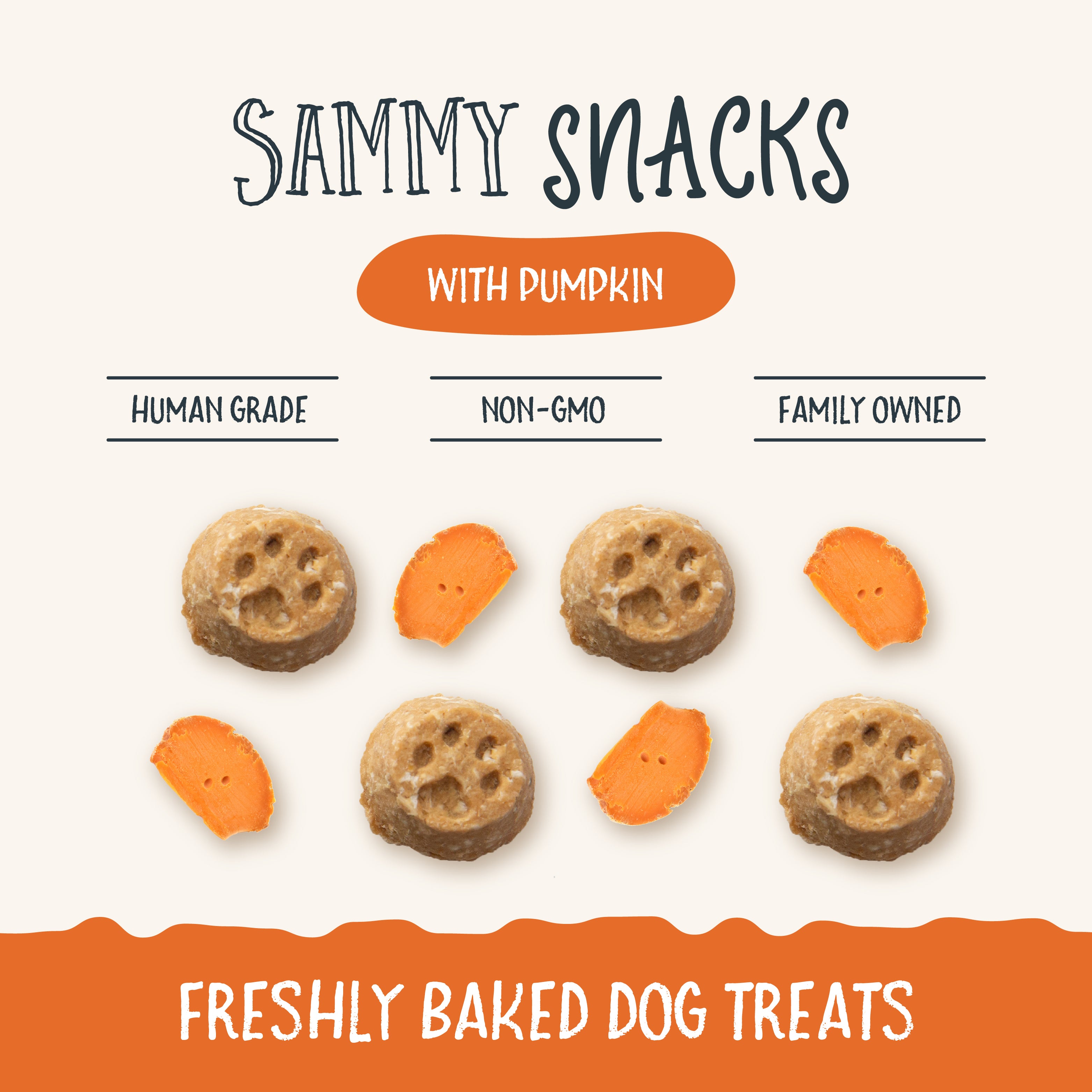 A bag of Ancestry Sammy Snacks With Pumpkin features a golden retriever puppy, pumpkin pieces, and a clear window showing healthy treats inside. The packaging highlights non-GMO ingredients and coconut oil.
