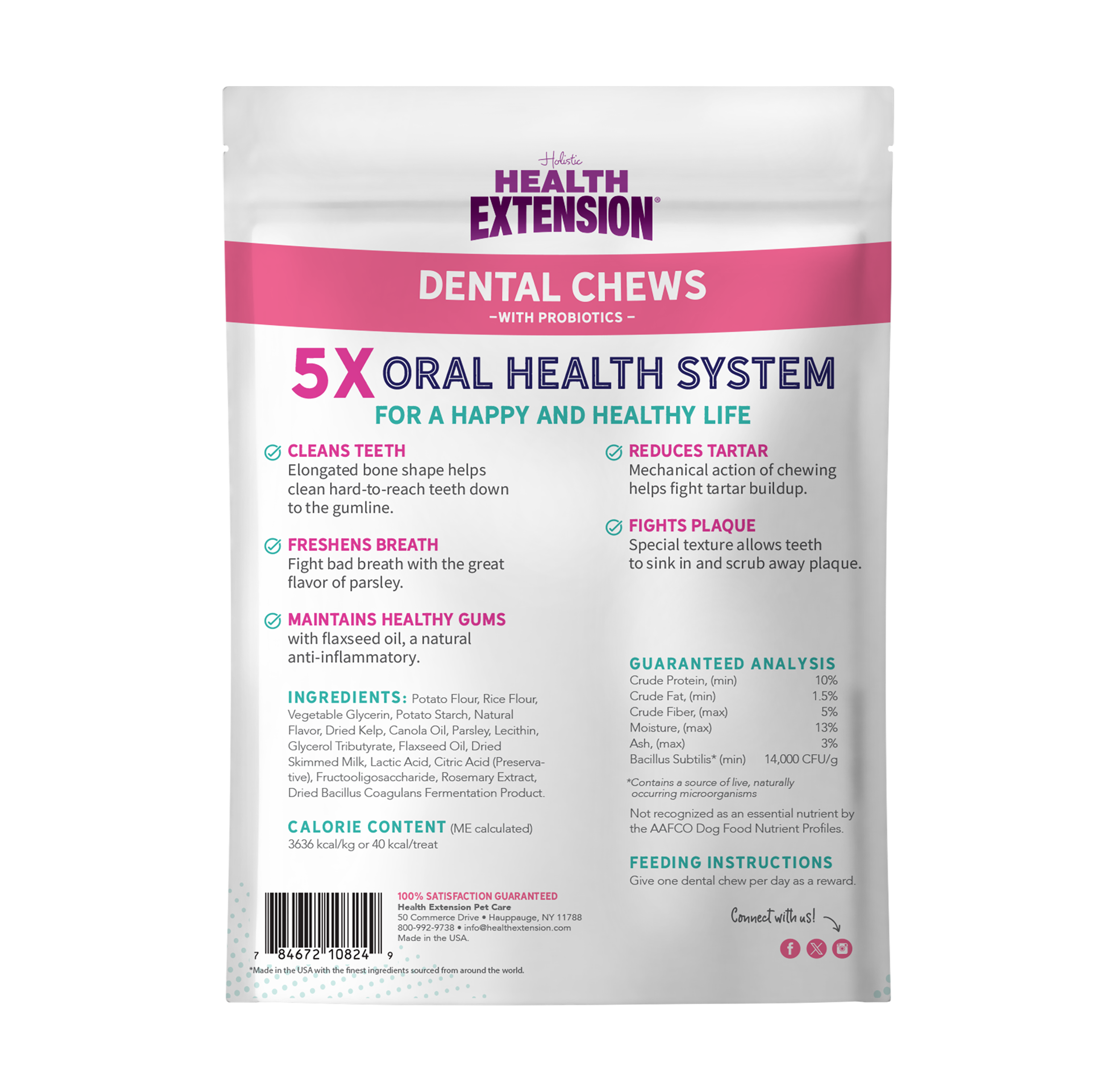 Health Extension Probiotic Dental Bones for dogs are shown in white and pink packaging featuring a small white dog, a chew, and text highlighting 5X oral health and probiotics. Each pack contains 14 chews that support digestive health.