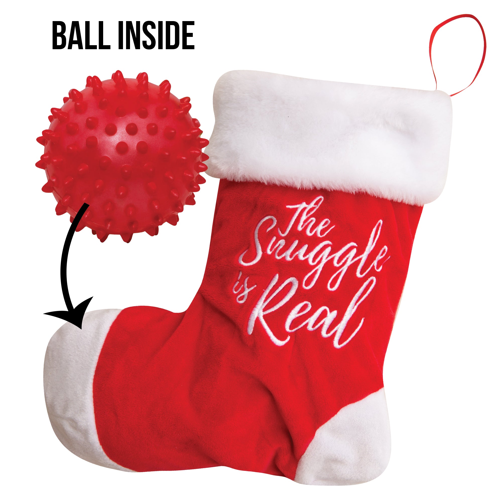 The Snugarooz Hide & Squeak is a red plush stocking dog toy with white trim that says "The Struggle is Real" and hides a fun red spiky ball inside—perfect for festive holiday play with your pup.