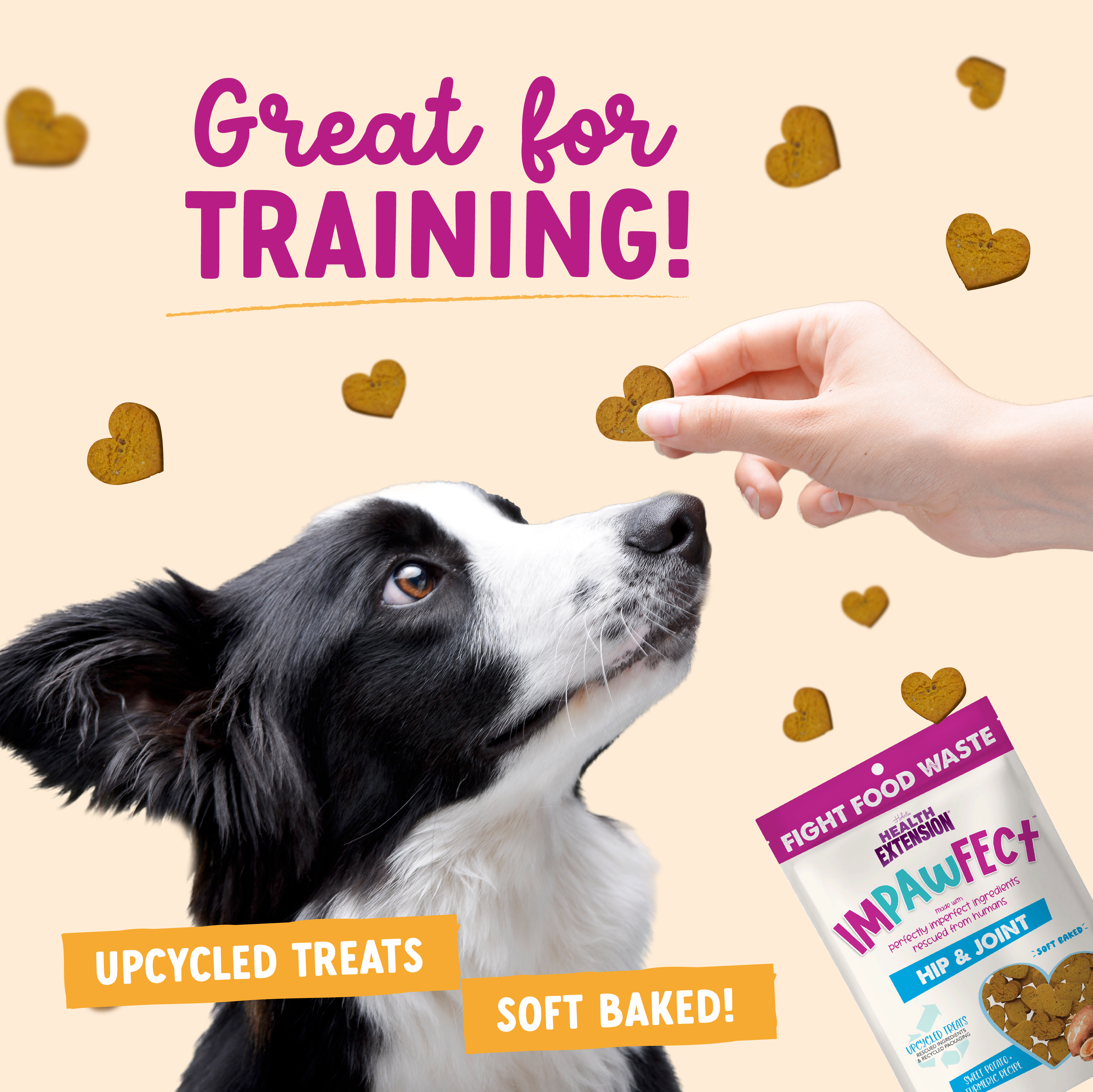 A bag of Health Extension Impawfect Sweet Potato & Turmeric for Hip & Joint Support dog treats, soft-baked and made with upcycled ingredients, features a Fight Food Waste banner on the packaging.