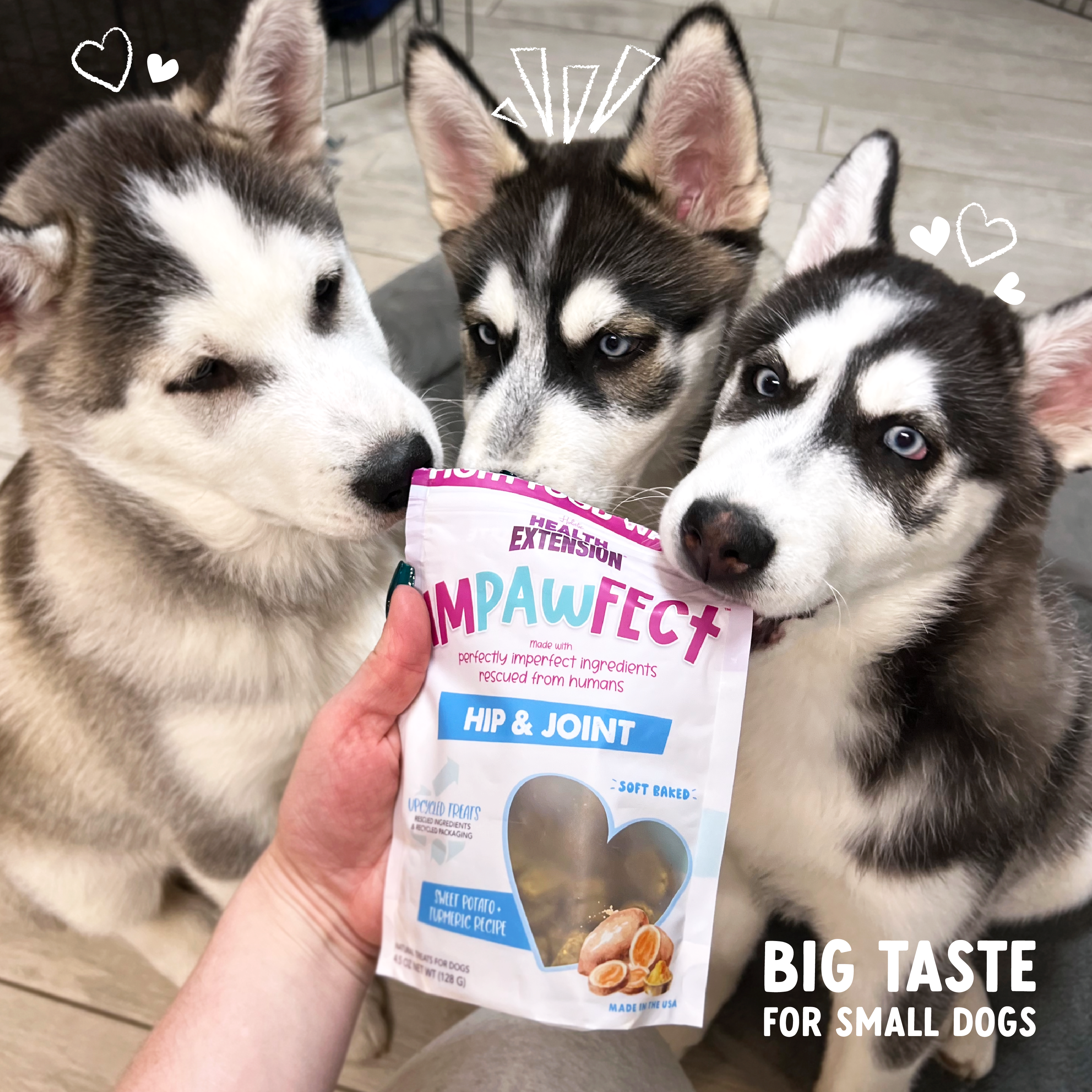 A bag of Health Extension Impawfect Sweet Potato & Turmeric for Hip & Joint Support dog treats, soft-baked and made with upcycled ingredients, features a Fight Food Waste banner on the packaging.