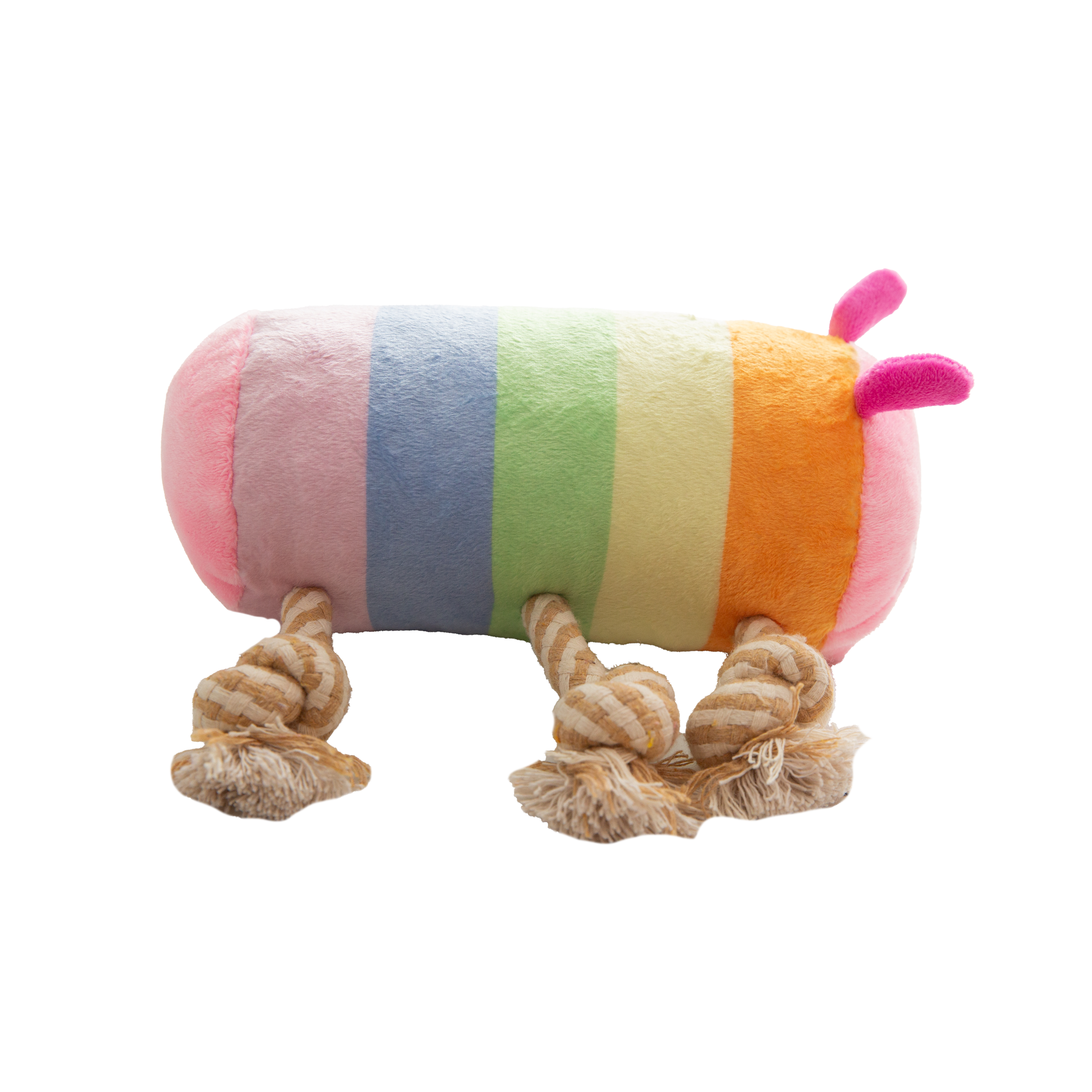 The Snugarooz Knot-A-Pillar is a colorful caterpillar-shaped plush dog toy with a pink smiling face, striped body, and knotted beige rope legs that act as handles. Made from recycled water bottles for eco-friendly play.