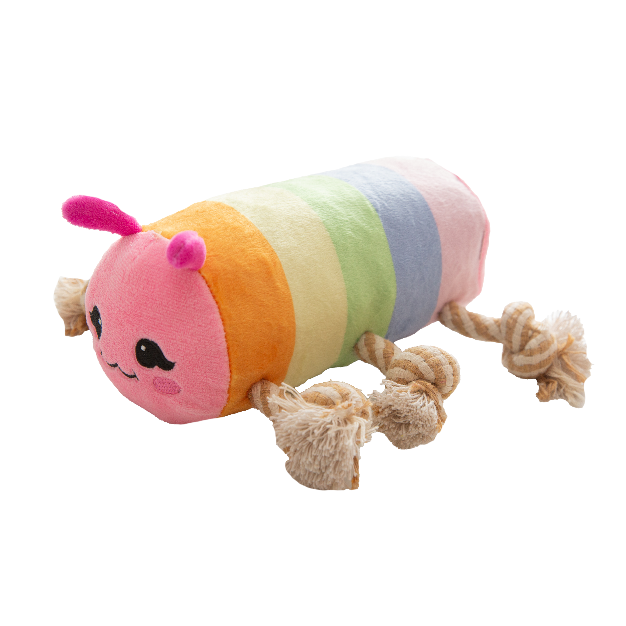The Snugarooz Knot-A-Pillar is a colorful caterpillar-shaped plush dog toy with a pink smiling face, striped body, and knotted beige rope legs that act as handles. Made from recycled water bottles for eco-friendly play.