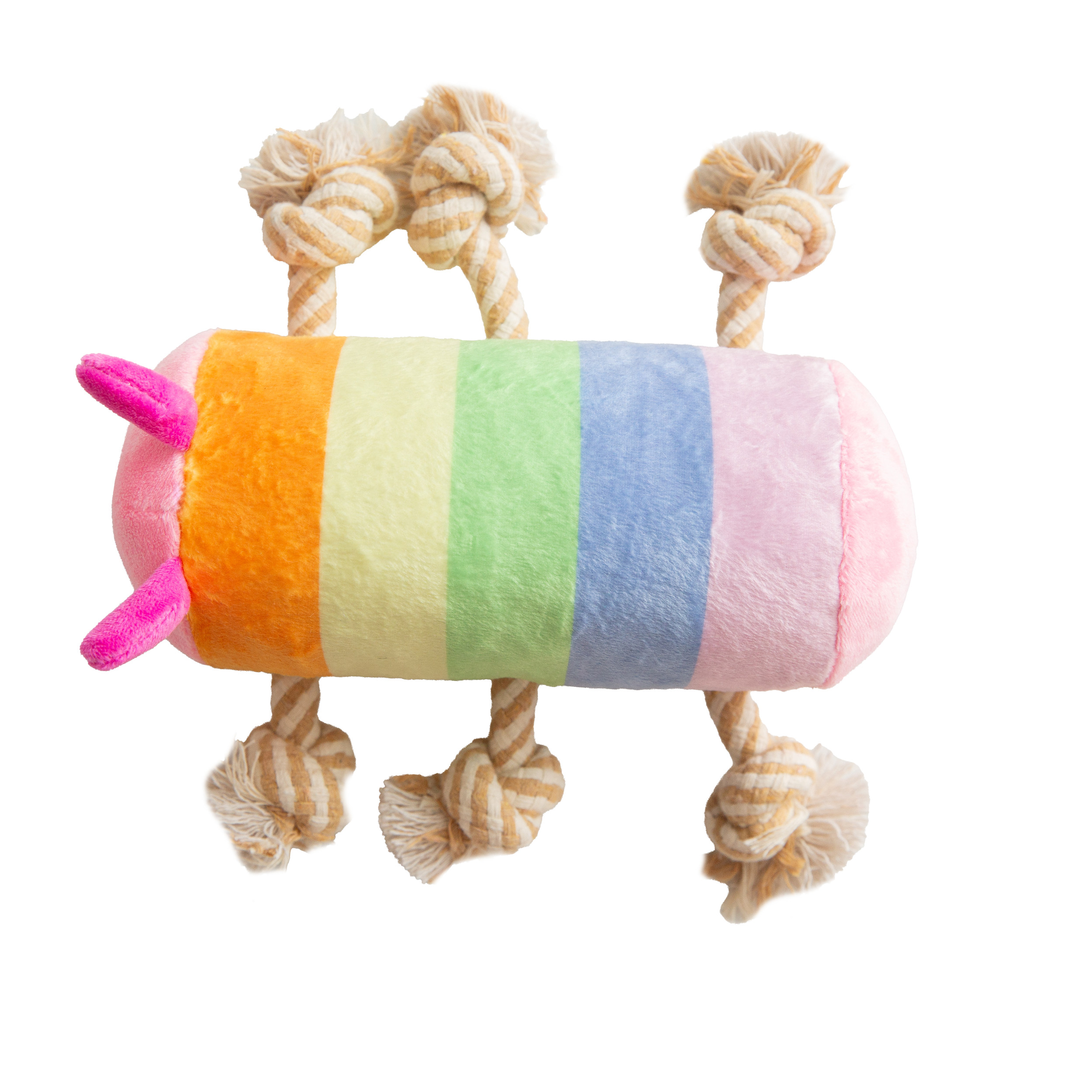 The Snugarooz Knot-A-Pillar is a colorful caterpillar-shaped plush dog toy with a pink smiling face, striped body, and knotted beige rope legs that act as handles. Made from recycled water bottles for eco-friendly play.