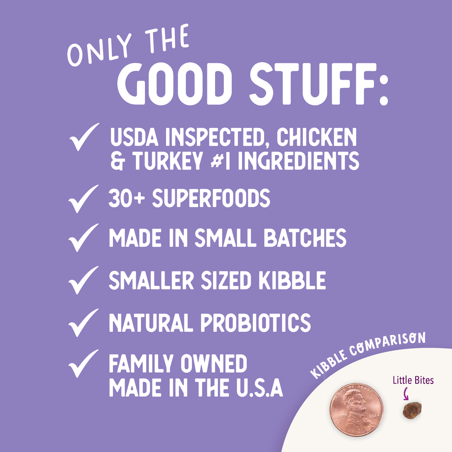 Health Extension Grain Free Chicken & Turkey Little Bites Recipe features a white dog in a field and offers a grain-free meal for all life stages, with chicken, turkey, veggies, berries, and over 30 superfood ingredients.