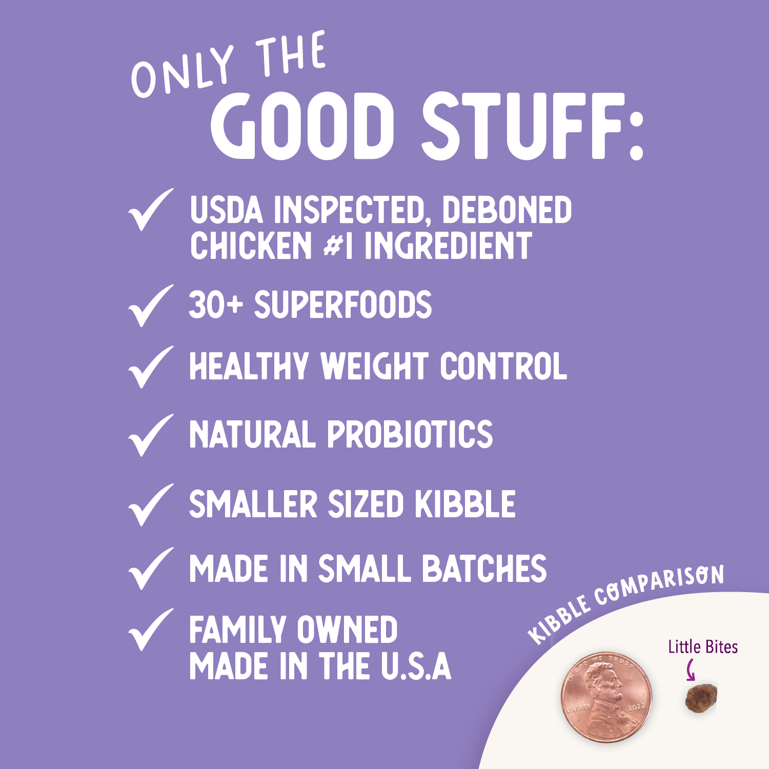 A bag of Health Extension Little Bites Lite Chicken & Brown Rice Recipe for adult dogs, featuring 50% less fat and 30+ superfoods, with packaging showing a happy beige dog.