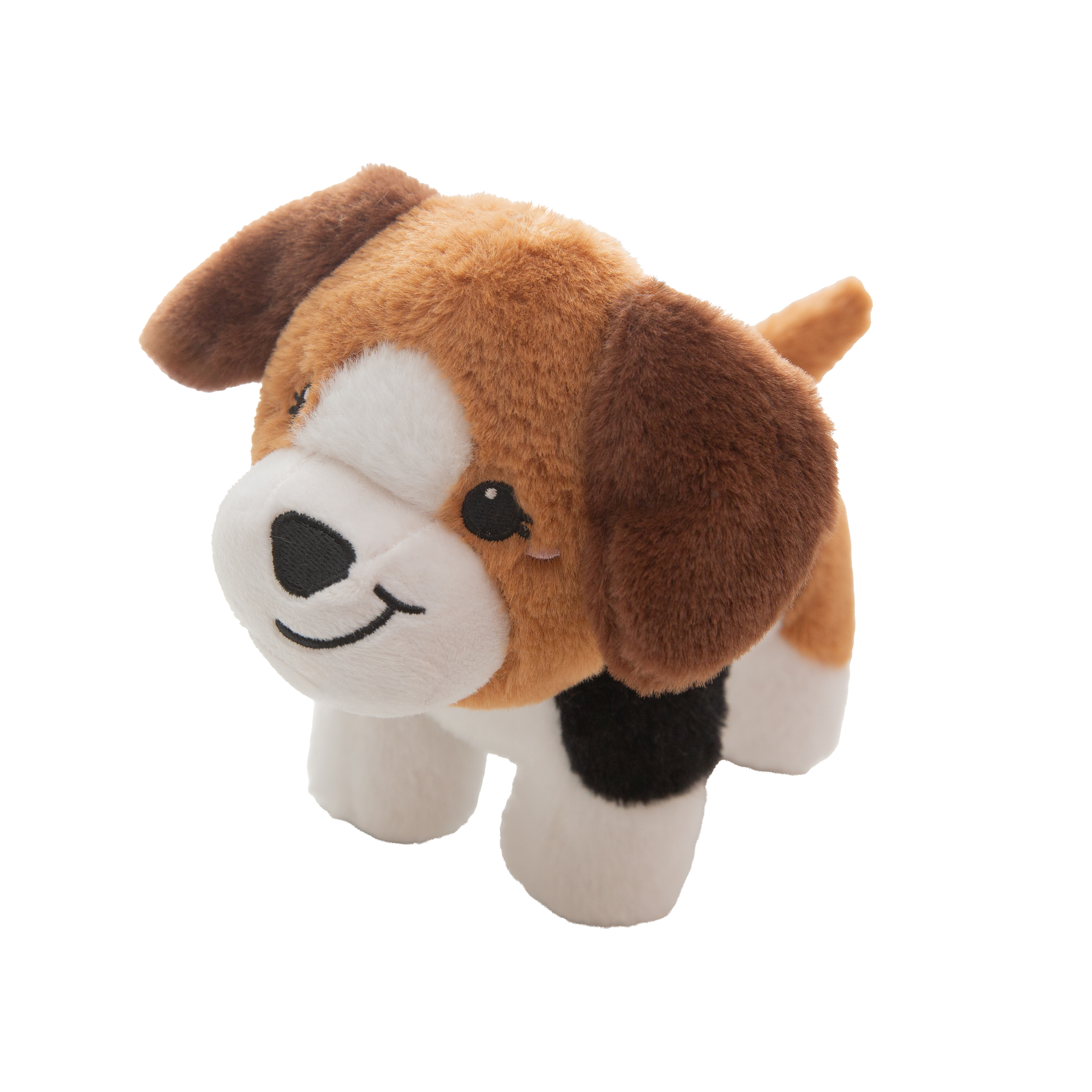 The Snugarooz Milo plush dog toy features brown ears, a white snout, black nose, and a big smile, standing on four legs against a white background.