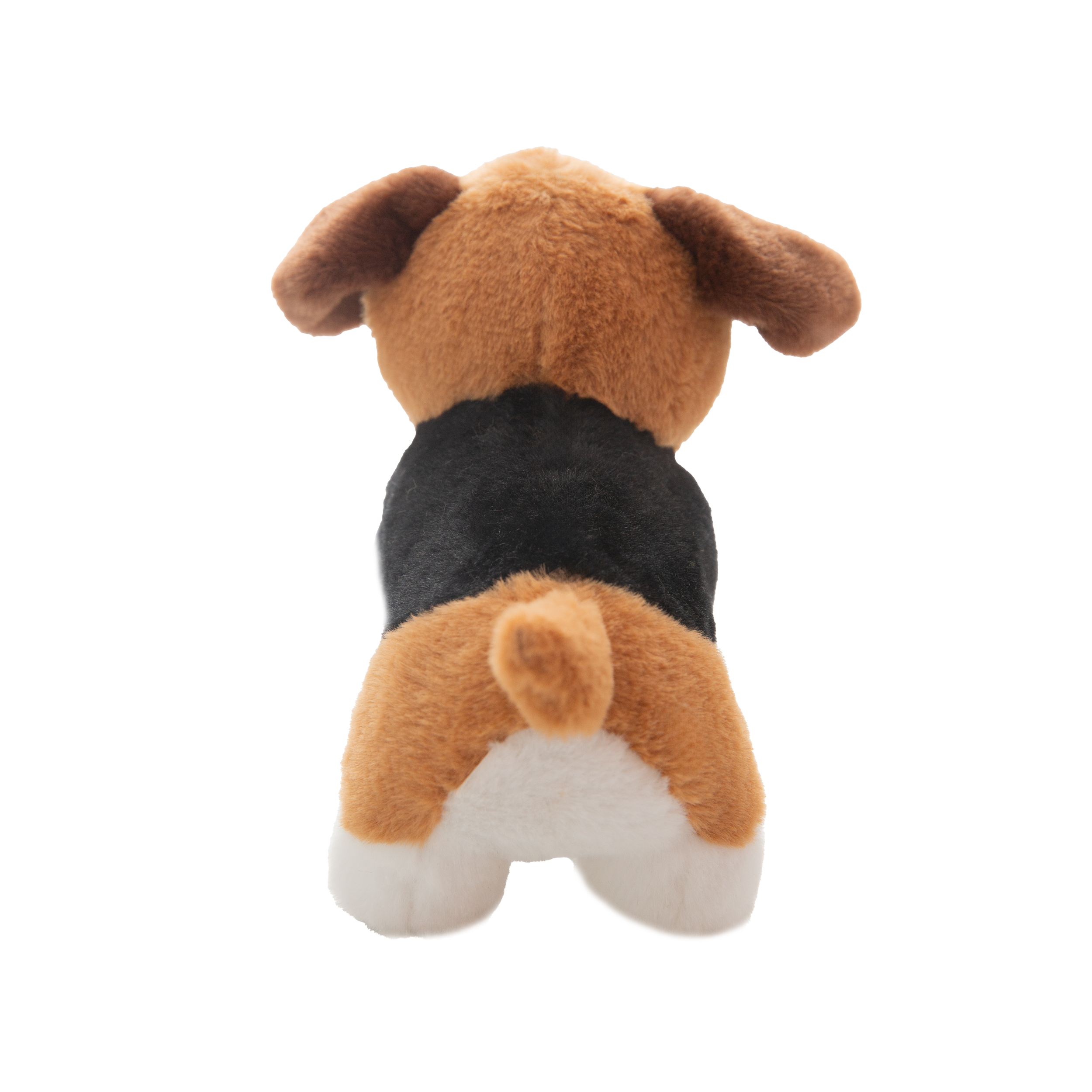The Snugarooz Milo plush dog toy features brown ears, a white snout, black nose, and a big smile, standing on four legs against a white background.