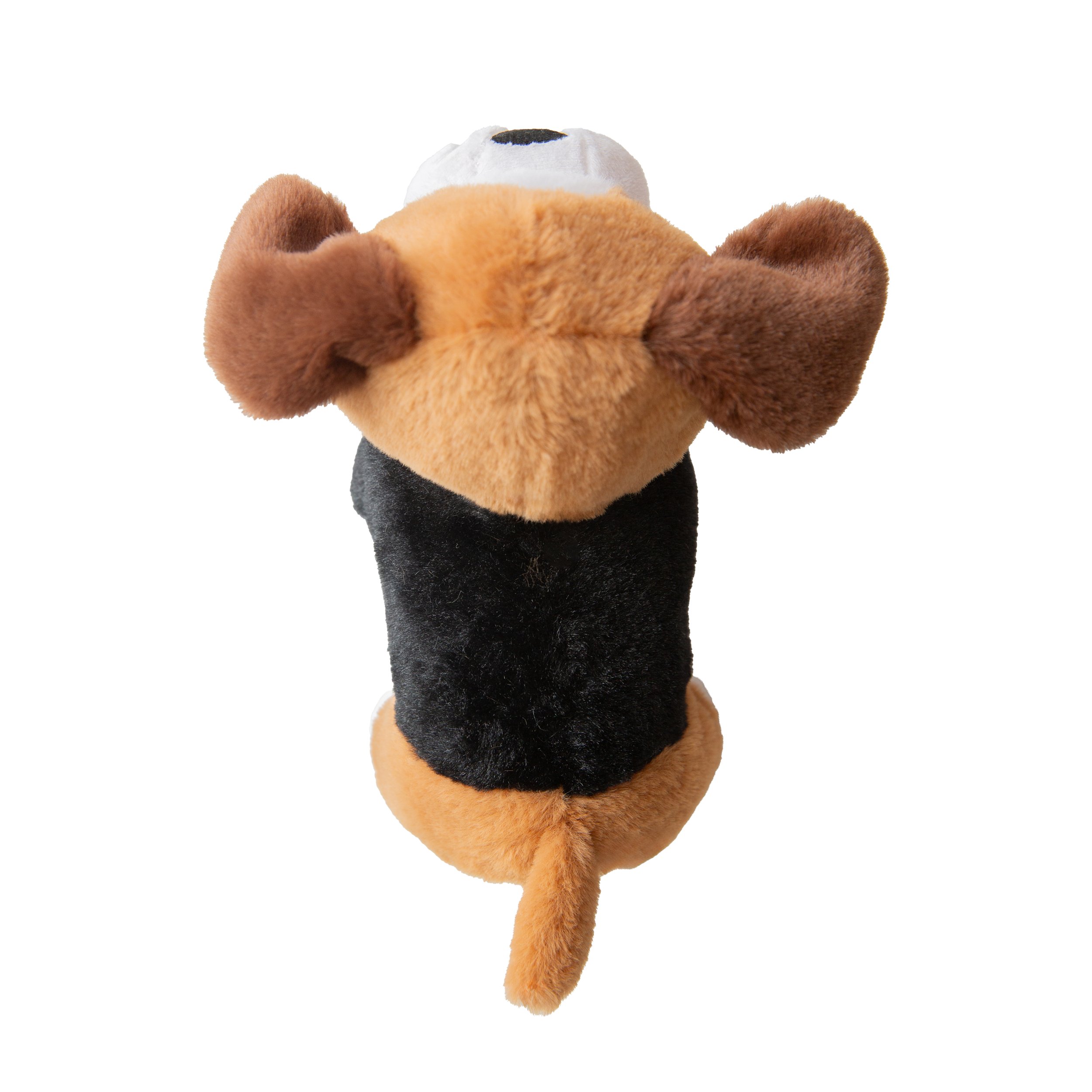 The Snugarooz Milo plush dog toy features brown ears, a white snout, black nose, and a big smile, standing on four legs against a white background.