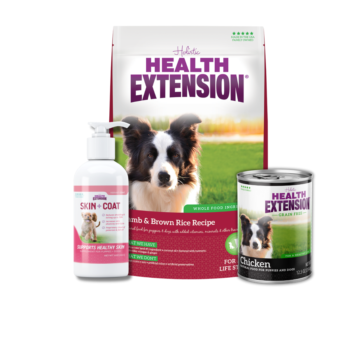 Puppy Trial Bundle for Large Breed: Health Extension Lamb & Brown Rice Recipe Dry Dog Food, Skin & Coat supplement,  Grain Free 95% high-grade chicken canned dog food