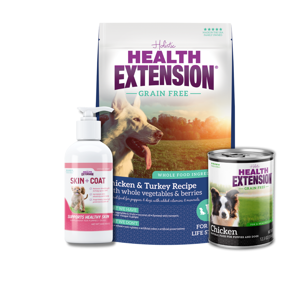 Puppy Trial Bundle for Large Breed: Health Extension Grain Free Chicken & Turkey Dry Dog Food, Skin & Coat supplement,  Grain Free 95% high-grade chicken canned dog food