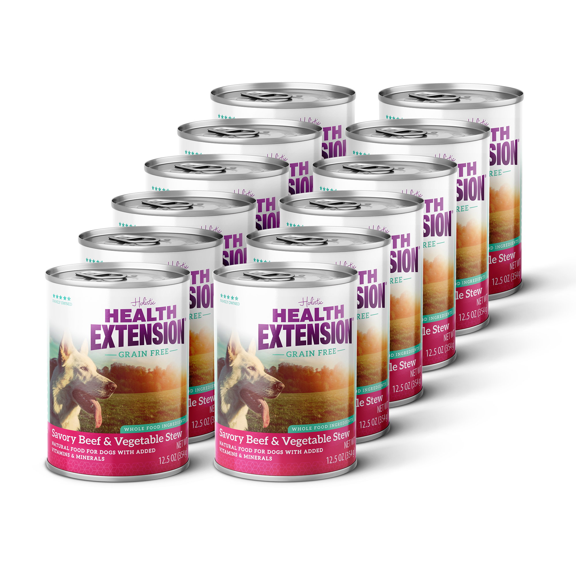 Twelve cans of Health Extension Grain Free Savory Beef Stew, each 12.5 oz, are arranged in rows. The label has a dog and vegetables, offering a wholesome grain-free beef dog food option.