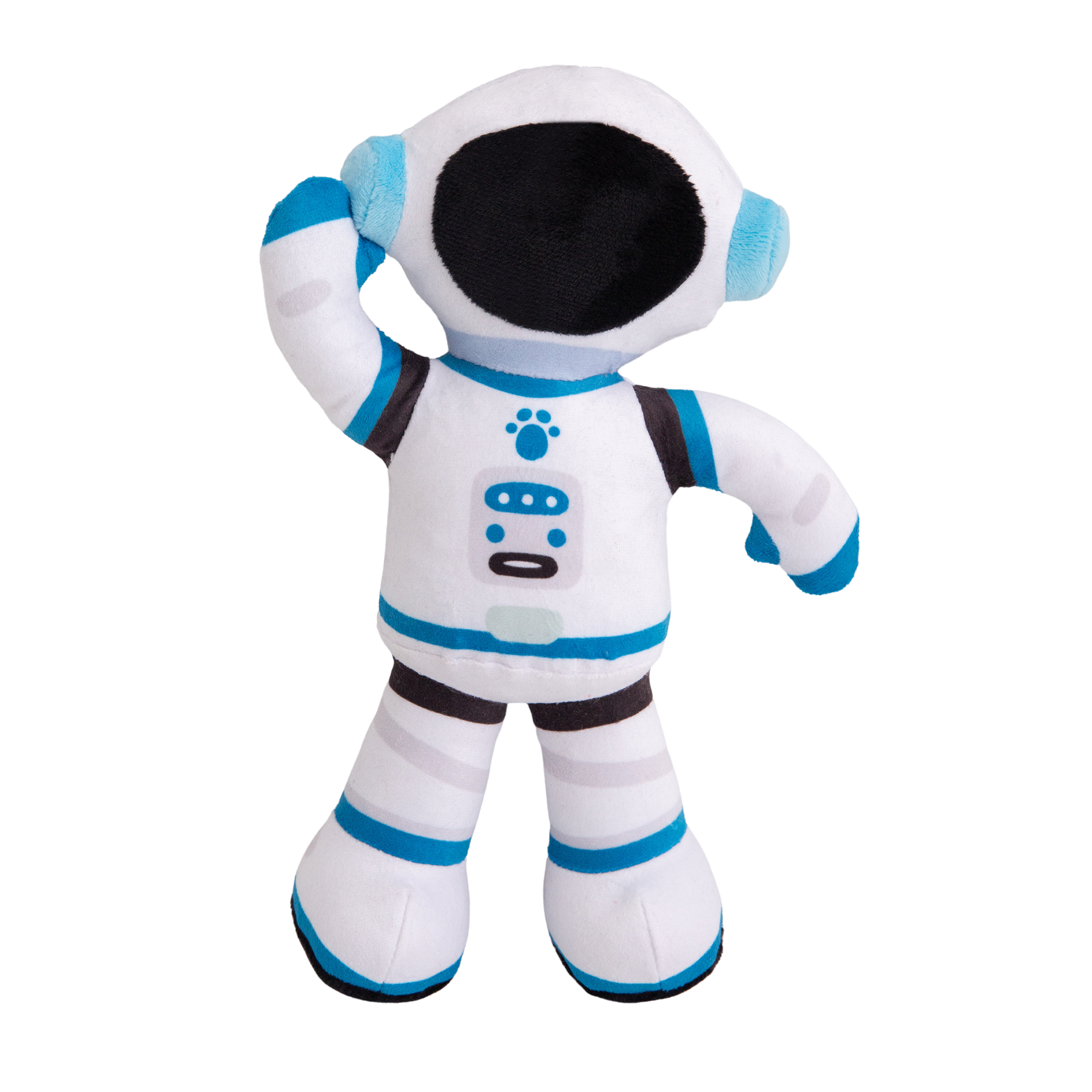 Apollo the Astronaut by Snugarooz is a plush dog toy styled as a white robot with blue and black accents, viewed from the back. It features a round head, stubby limbs, and an interactive squeaky control panel.