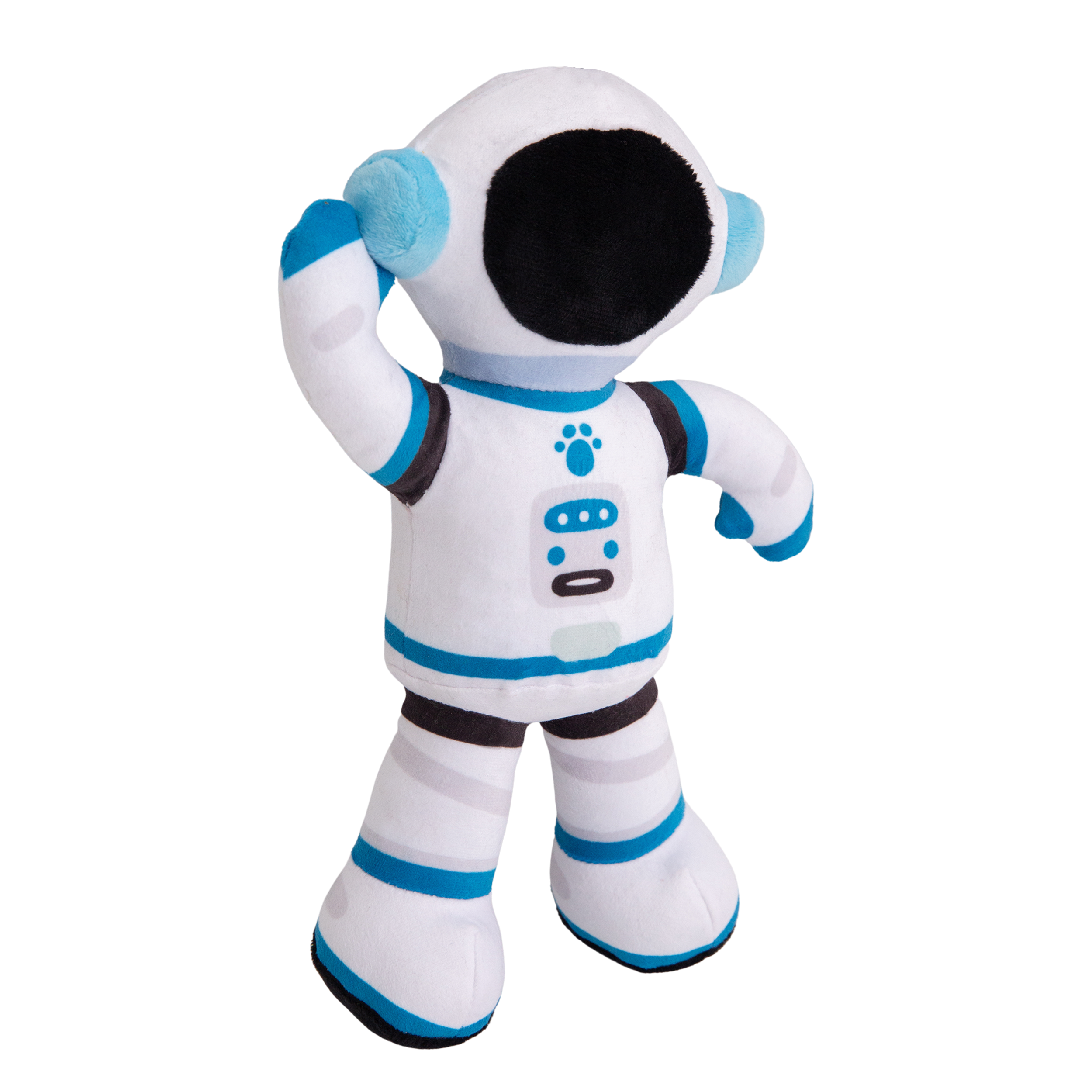 Apollo the Astronaut by Snugarooz is a plush dog toy styled as a white robot with blue and black accents, viewed from the back. It features a round head, stubby limbs, and an interactive squeaky control panel.
