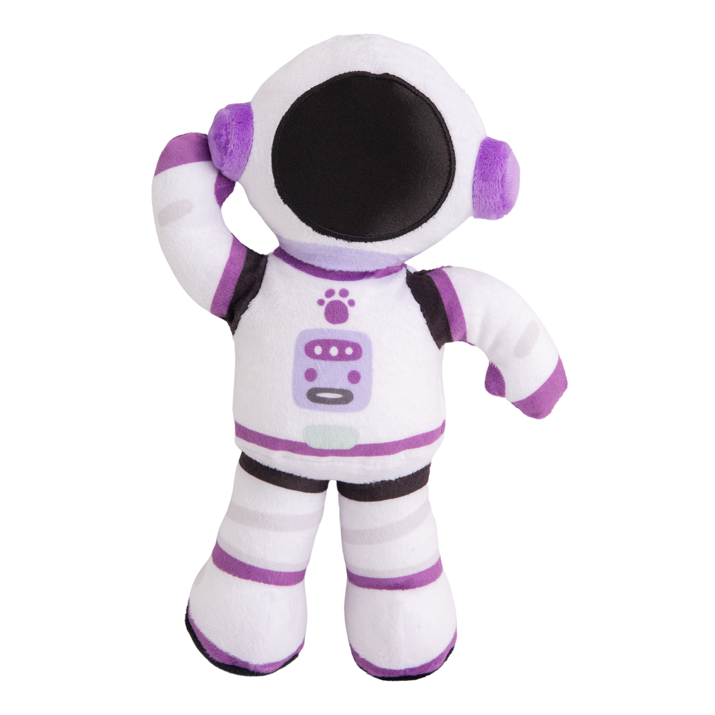 Aurora the Astronaut by Snugarooz is an eco-friendly plush dog toy in a white suit with purple and black accents, a round black face shield, and decorative chest buttons. It stands upright against a white background.