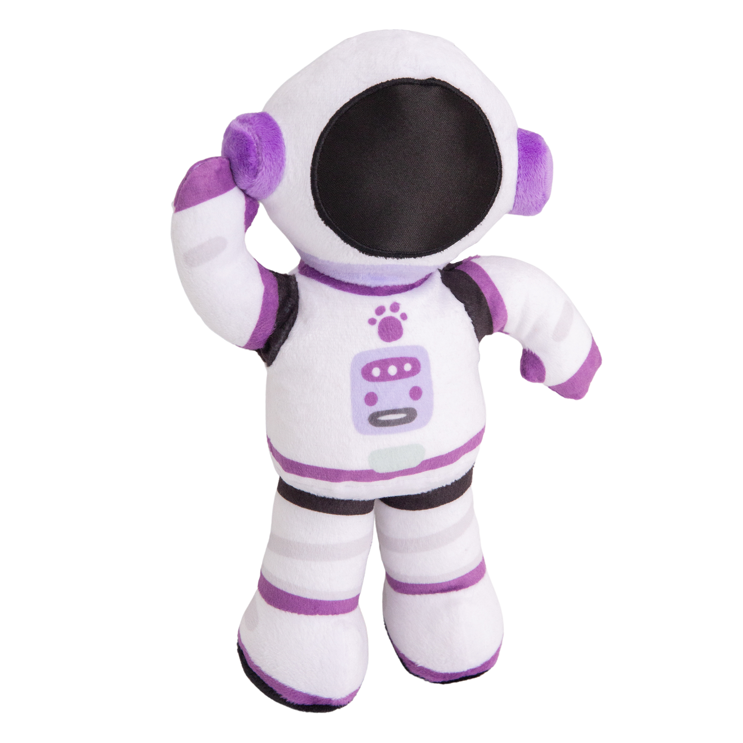 Aurora the Astronaut by Snugarooz is an eco-friendly plush dog toy in a white suit with purple and black accents, a round black face shield, and decorative chest buttons. It stands upright against a white background.