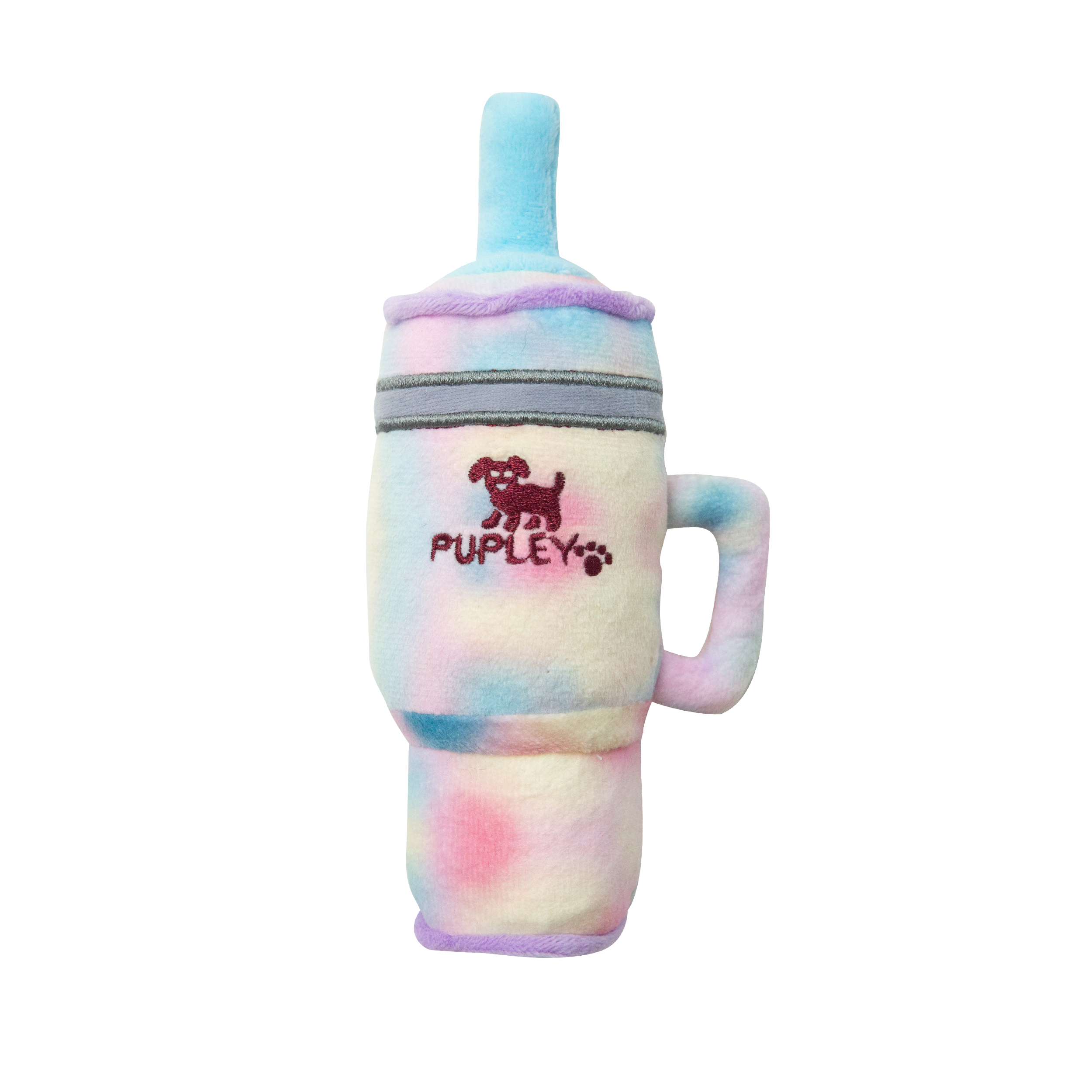 The Snugarooz Baby Pupley is a plush, eco-friendly dog toy shaped like a colorful drink cup with straw and handle, featuring pastel tie-dye, "PUPLEY," and a cute dog illustration—perfect for playful pups!.