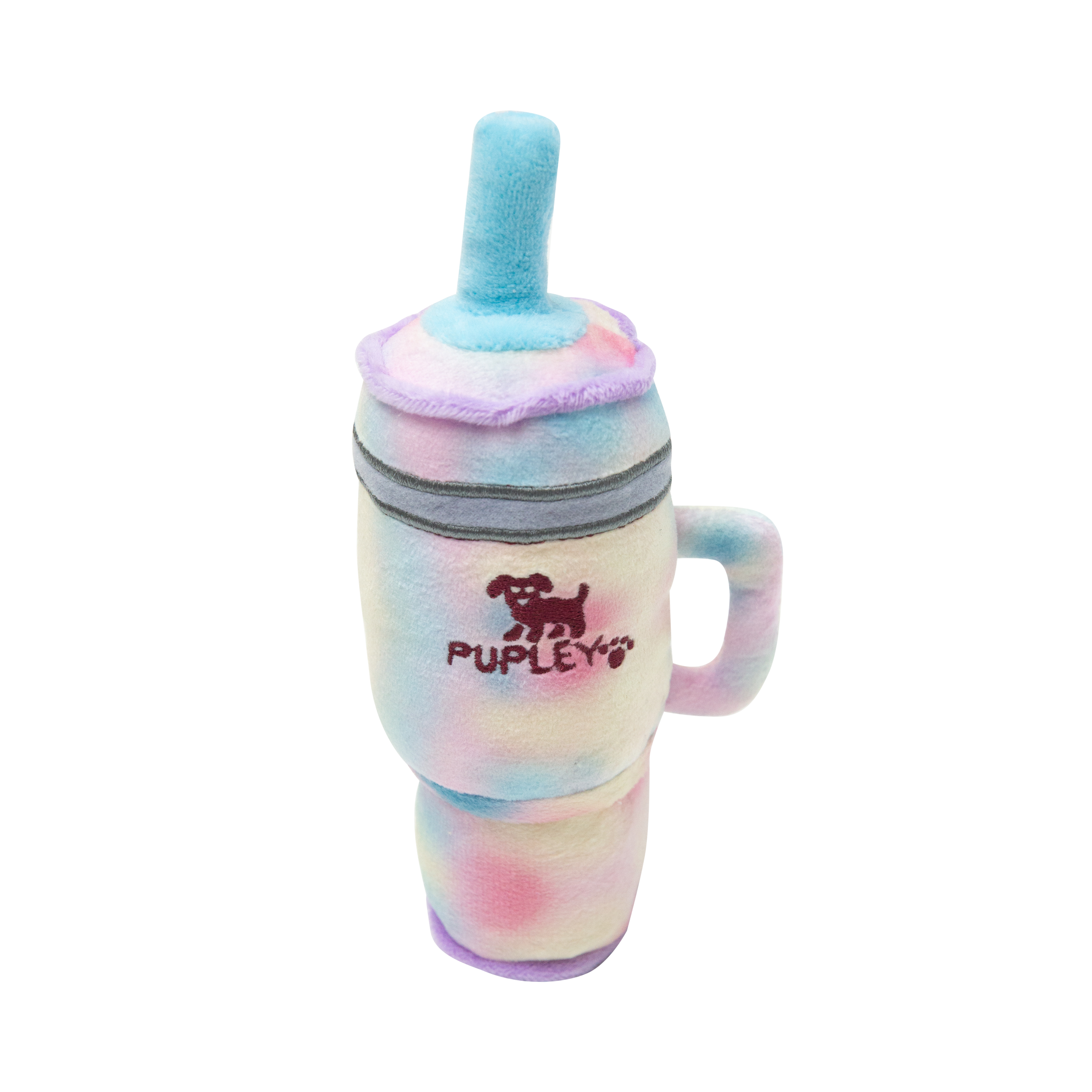 The Snugarooz Baby Pupley is a plush, eco-friendly dog toy shaped like a colorful drink cup with straw and handle, featuring pastel tie-dye, "PUPLEY," and a cute dog illustration—perfect for playful pups!.