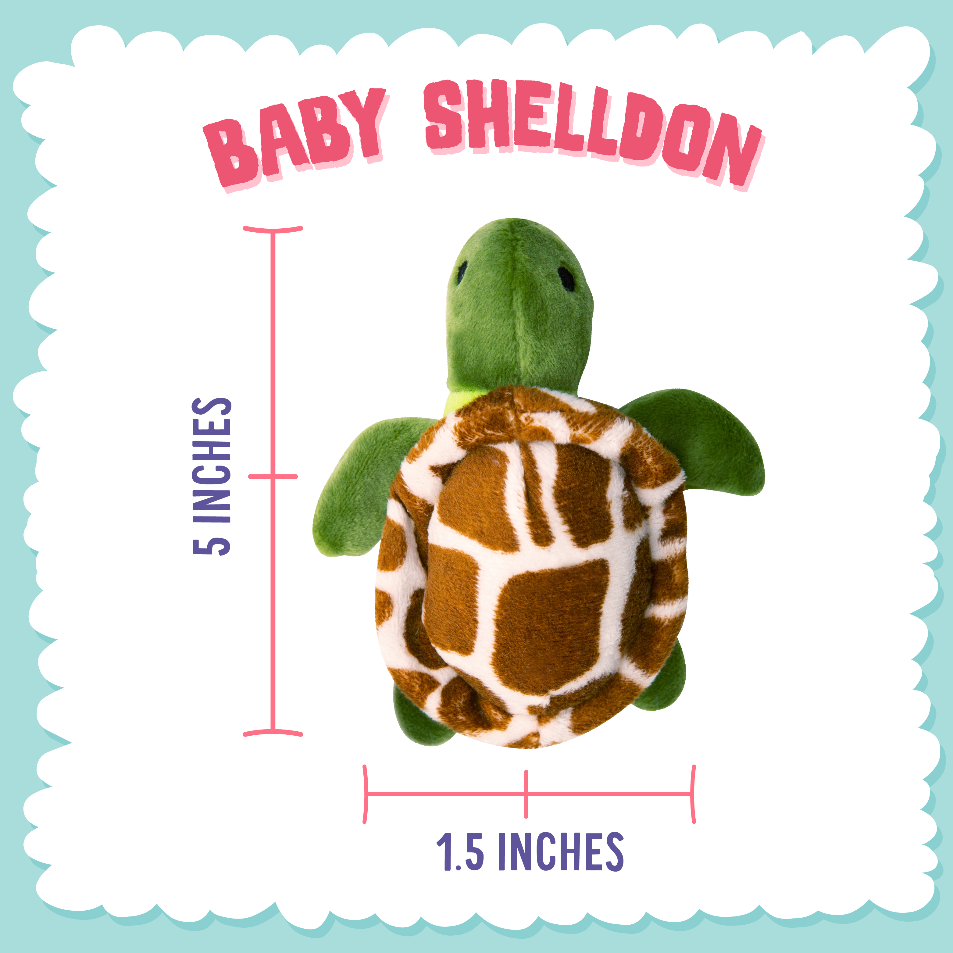 The Snugarooz Baby Shelldon is a 5-inch tall, 1.5-inch wide plush turtle toy with a green body and brown-and-white shell, ideal as a puppy or dog toy, shown on a white background with scalloped edges.