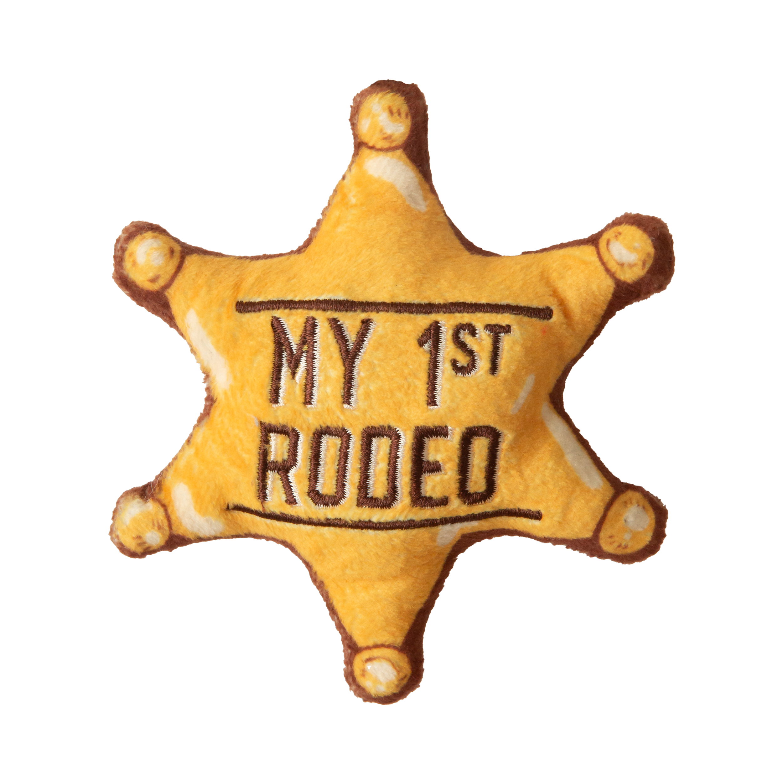 The Snugarooz Baby 1st Rodeo is a soft, plush sheriff's badge dog toy with brown edges and “MY 1ST RODEO” embroidered—an adorable squeaky toy for your puppy’s first wild west adventure.