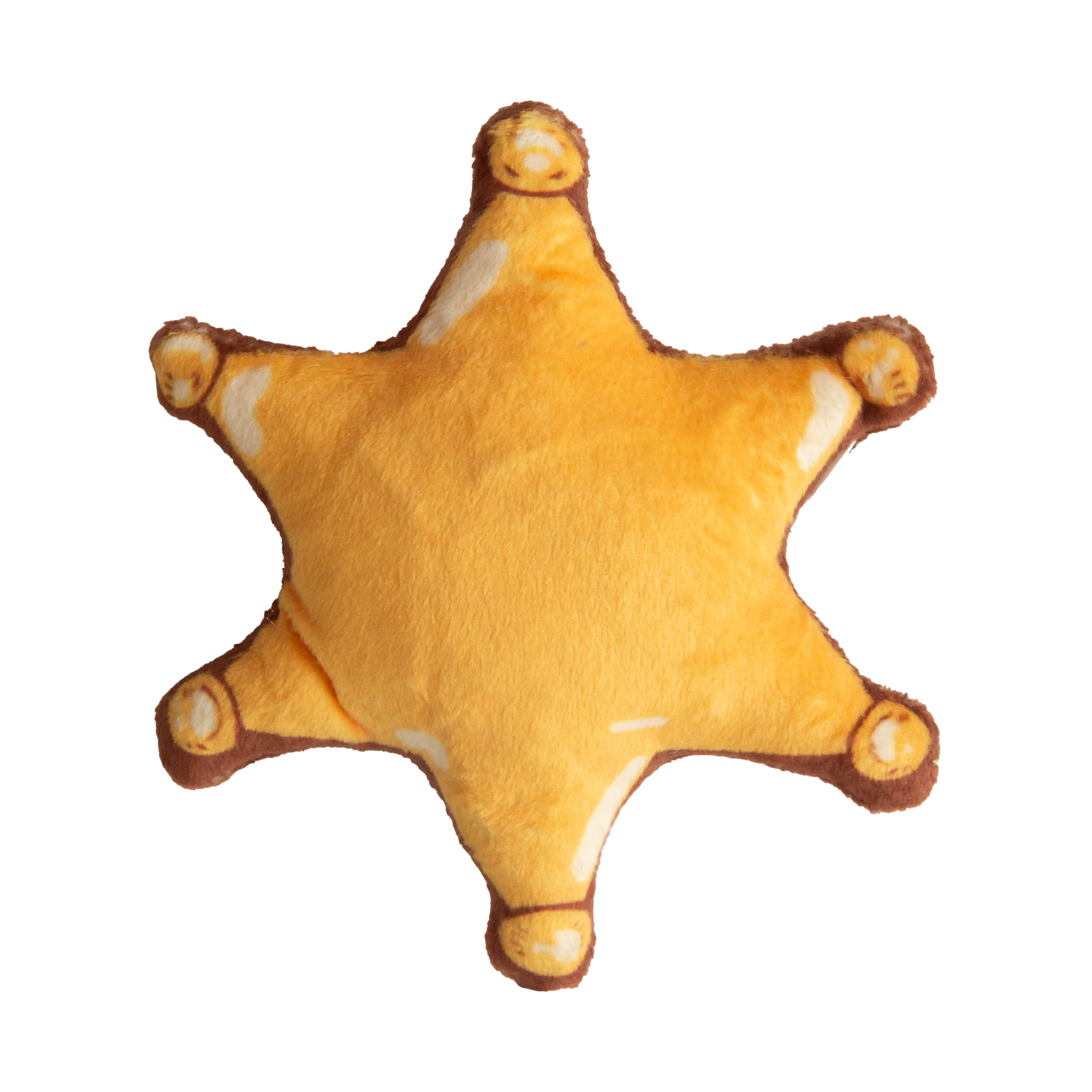 The Snugarooz Baby 1st Rodeo is a soft, plush sheriff's badge dog toy with brown edges and “MY 1ST RODEO” embroidered—an adorable squeaky toy for your puppy’s first wild west adventure.