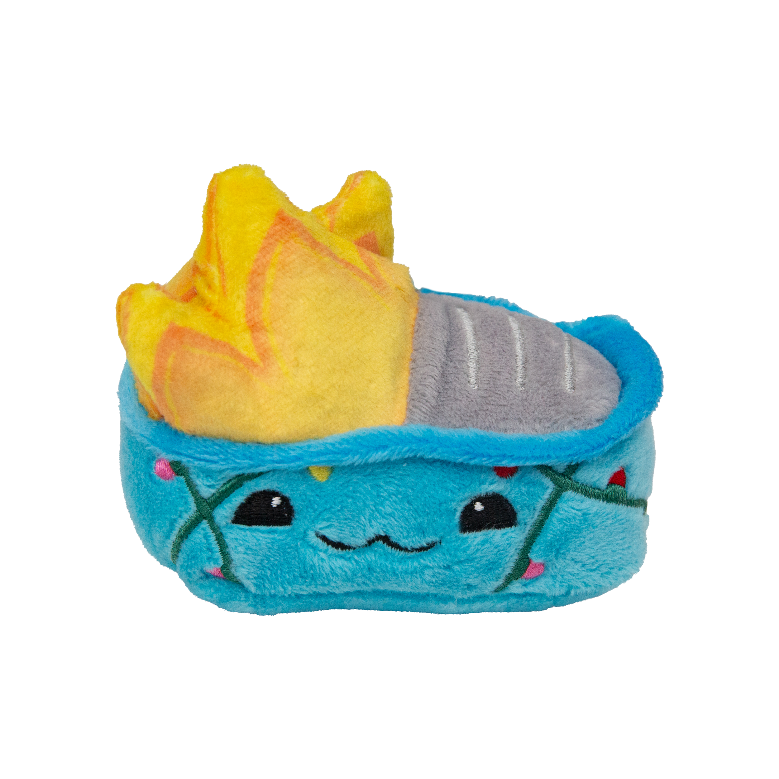 Kitty Merry Fire (with Catnip) by Health Extension is an eco-friendly plush cat toy shaped like a smiling blue sushi roll, featuring pink dots, green lines, a gray felt fish slice topper, and a yellow-orange flame garnish.