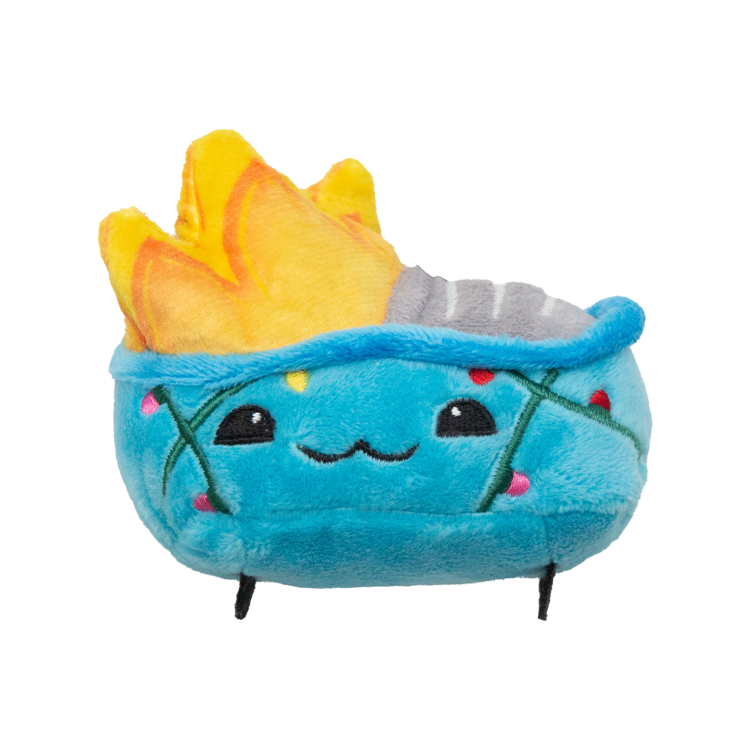 Kitty Merry Fire (with Catnip) by Health Extension is an eco-friendly plush cat toy shaped like a smiling blue sushi roll, featuring pink dots, green lines, a gray felt fish slice topper, and a yellow-orange flame garnish.