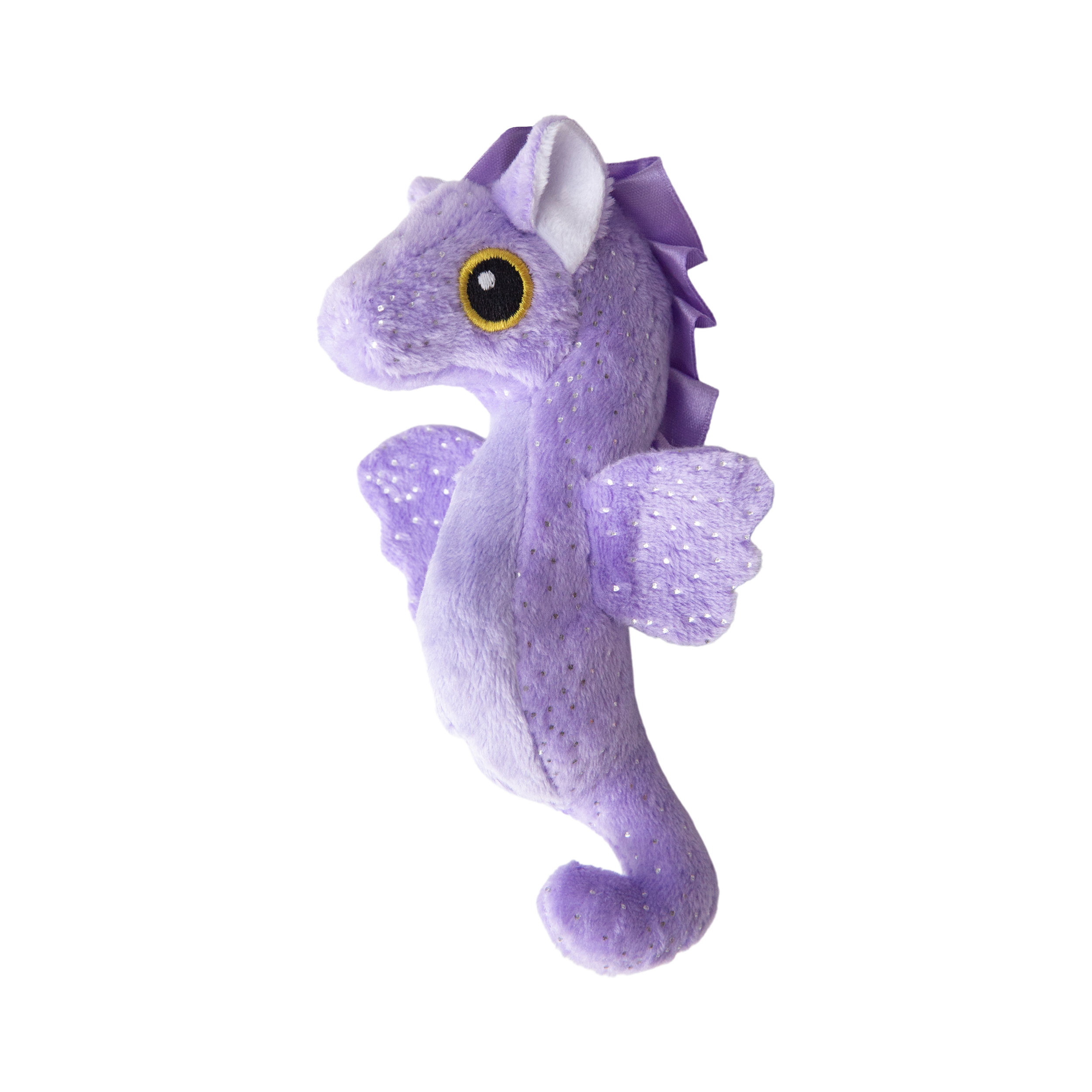 The Snugarooz Baby Shelly is a plush purple seahorse dog toy with sparkly wings, a ridged back, and a large yellow-and-black eye, shown from the side against a white background.