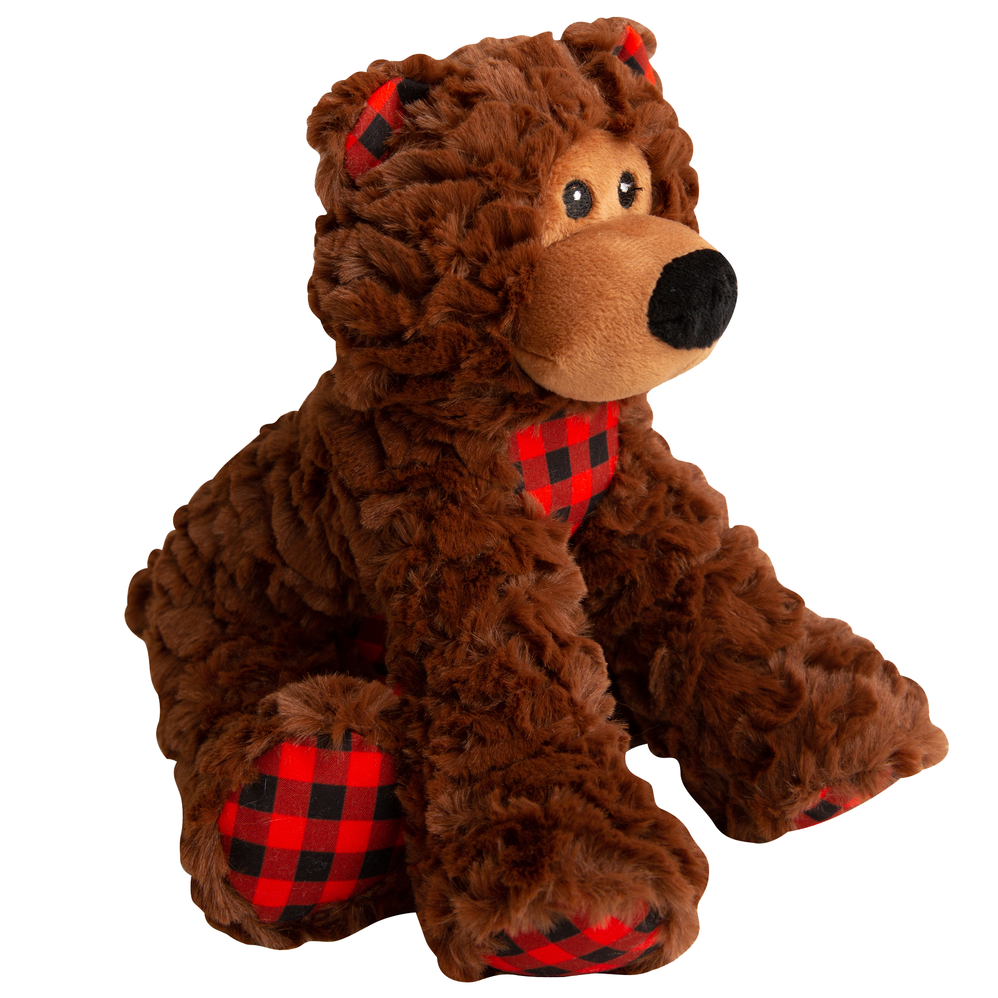 Benny the Bear by Snugarooz is a plush brown teddy with a big black nose, tan snout, and red-and-black plaid accents on its ears, chest, and feet, shown sitting upright against a plain white background.