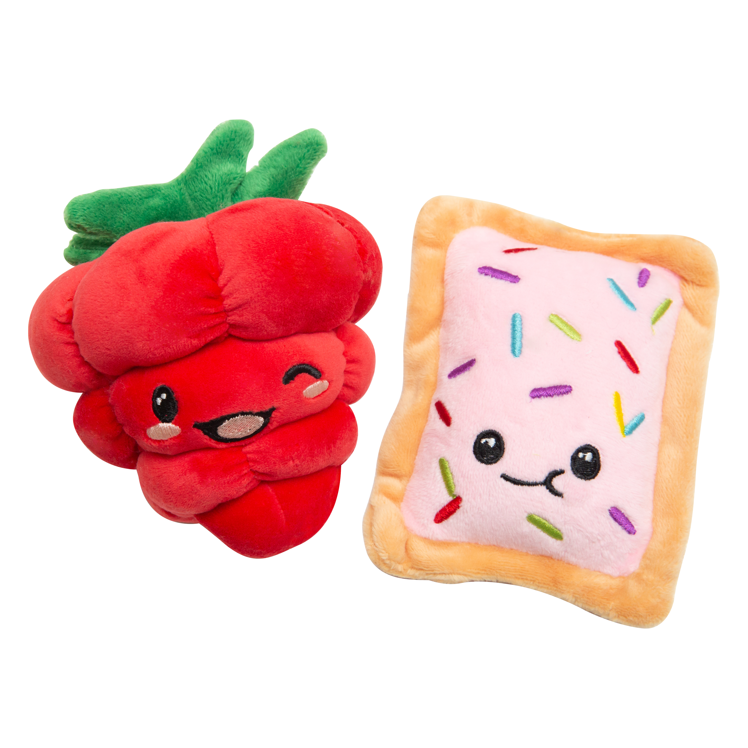The Snugarooz Poptart and Raspberry 2pk features an eco-friendly plush dog toy set—a smiling pink-iced pastry and a cute red raspberry—perfect for hours of fun.
