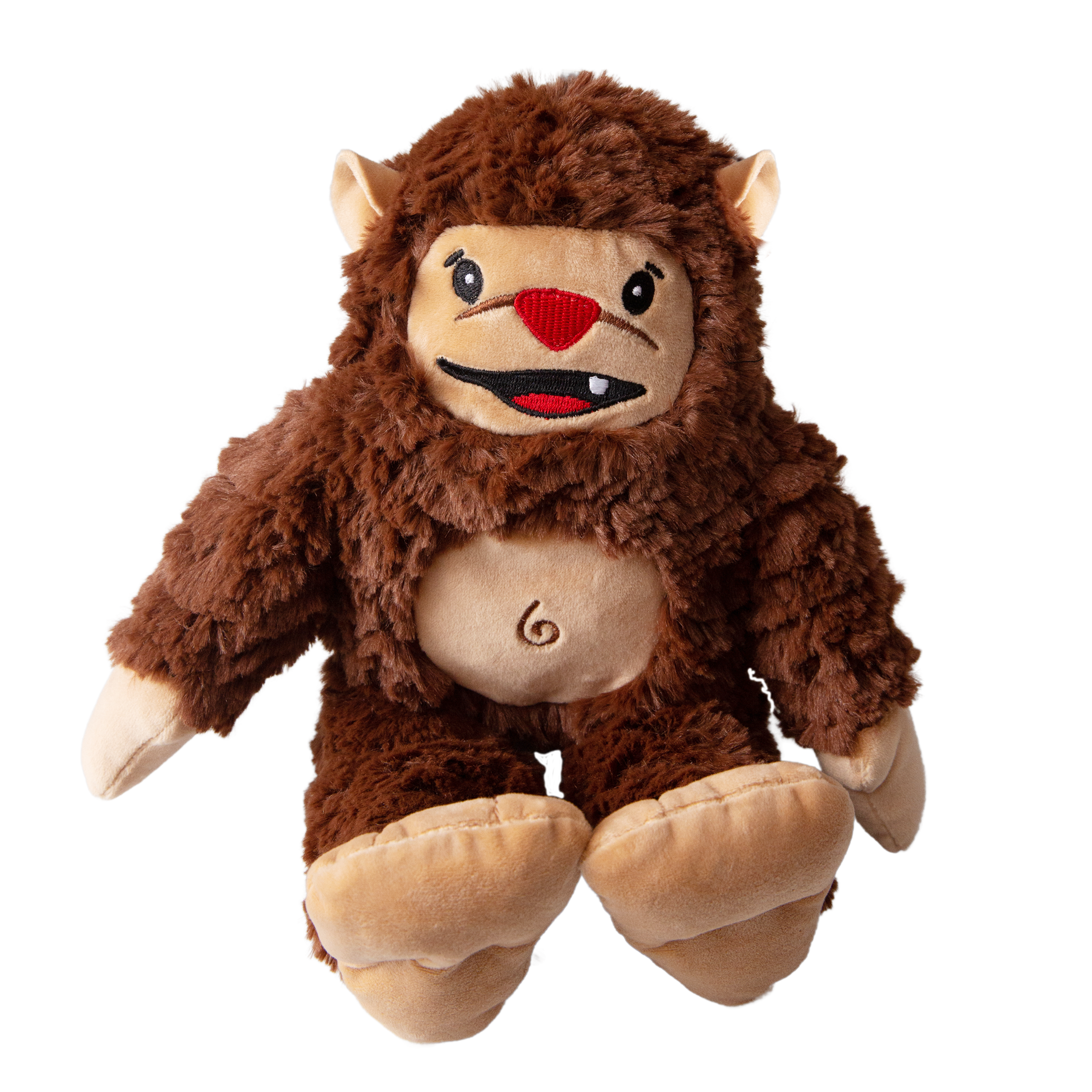 Snugarooz Billy the Big Foot is a plush squeaky dog toy shaped like a furry brown monster with beige details, pointy ears, red nose, fangs, and spiral belly—perfect for playful pups!.
