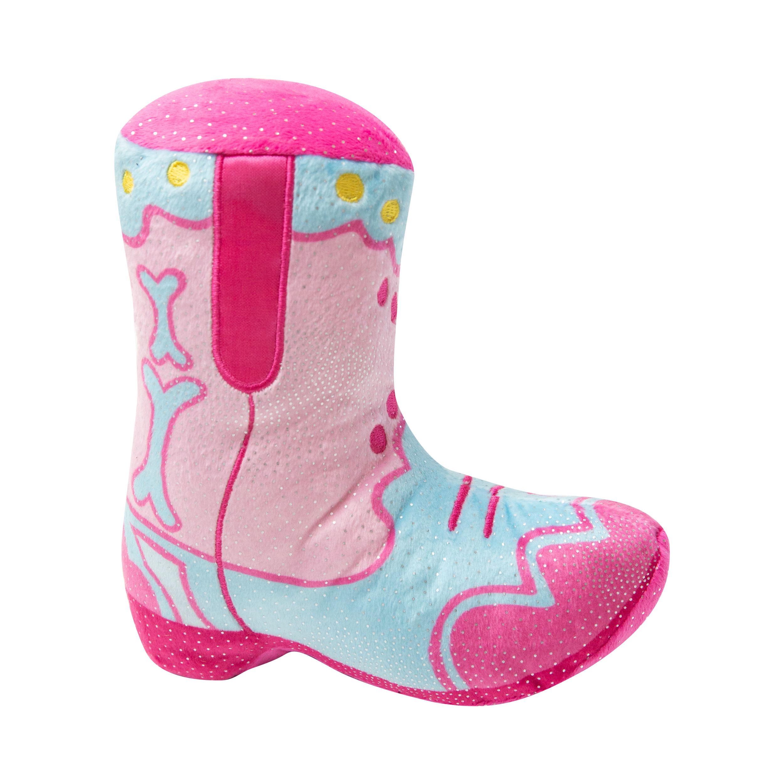The Snugarooz Single 2 Boot is a durable, cartoon-style cowboy boot dog plush toy in pink, light blue, and light purple with yellow dots and decorative patterns—perfect for playful pups.