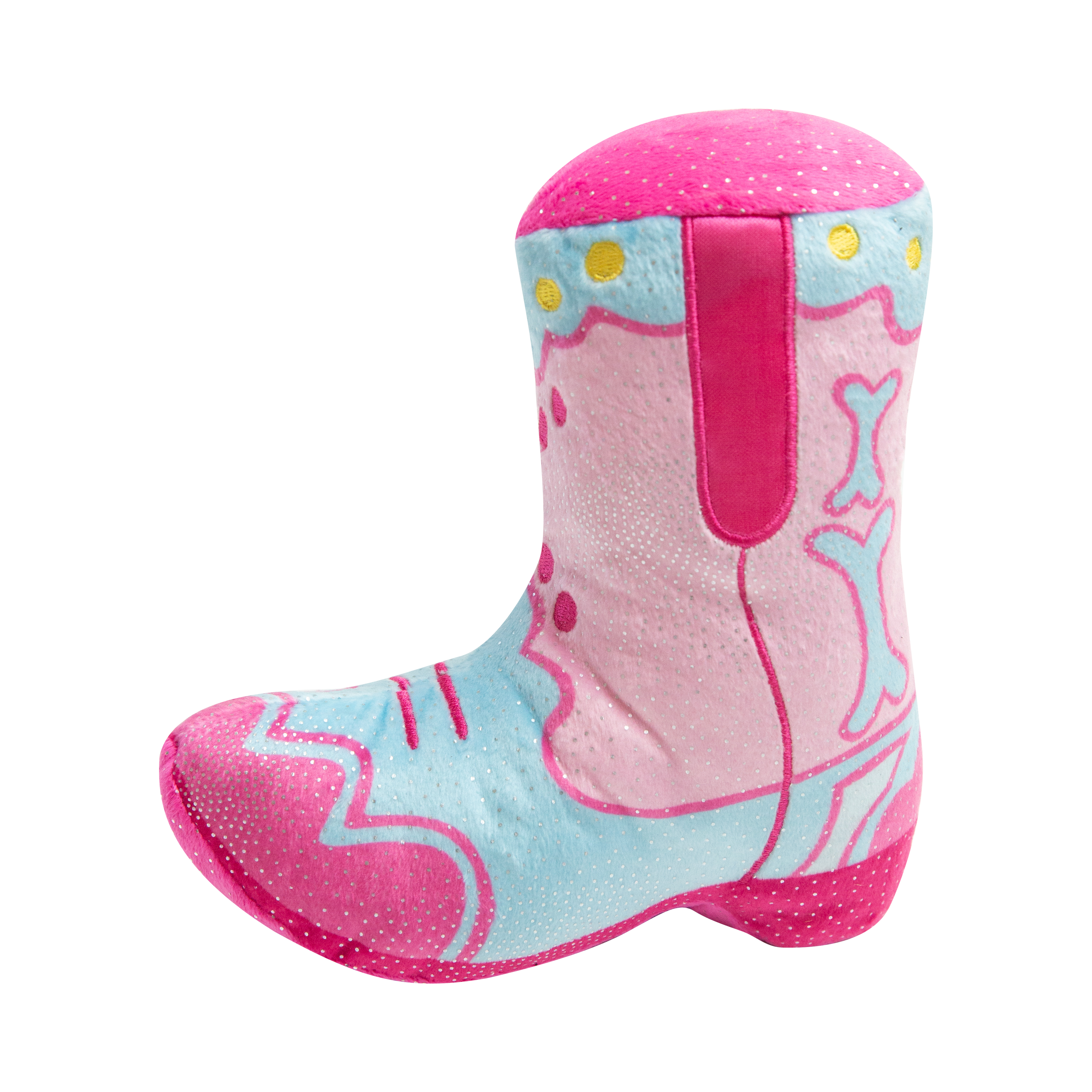 The Snugarooz Single 2 Boot is a durable, cartoon-style cowboy boot dog plush toy in pink, light blue, and light purple with yellow dots and decorative patterns—perfect for playful pups.