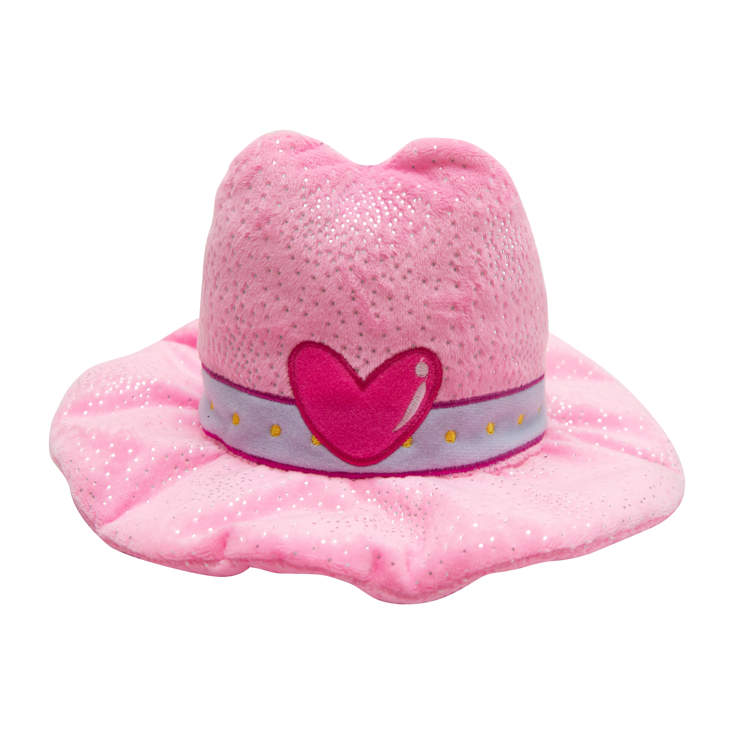 The Snugarooz Save a Horse dog toy is a pink, glittery cowboy hat with a floppy brim, purple band, and big pink heart—perfect for pups who crave western flair.