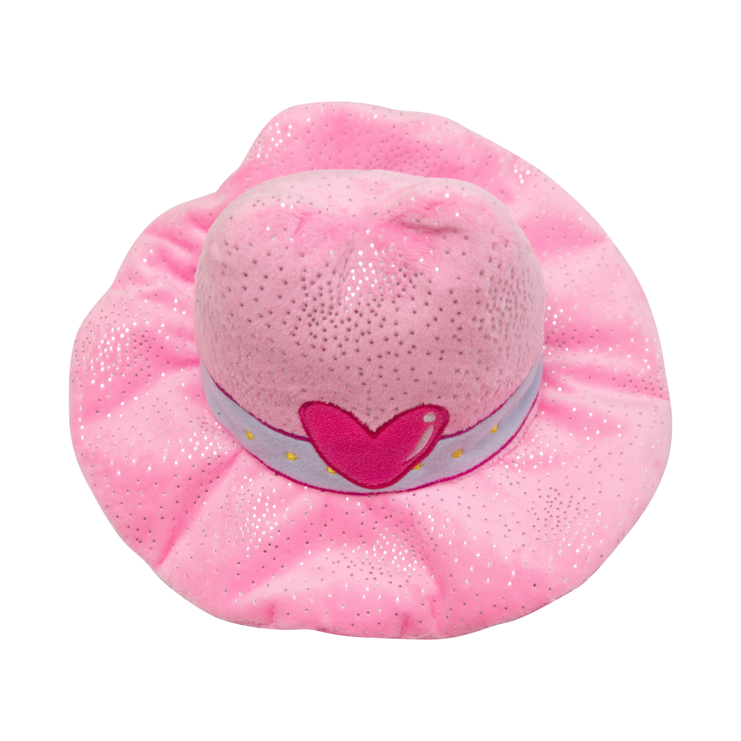The Snugarooz Save a Horse dog toy is a pink, glittery cowboy hat with a floppy brim, purple band, and big pink heart—perfect for pups who crave western flair.